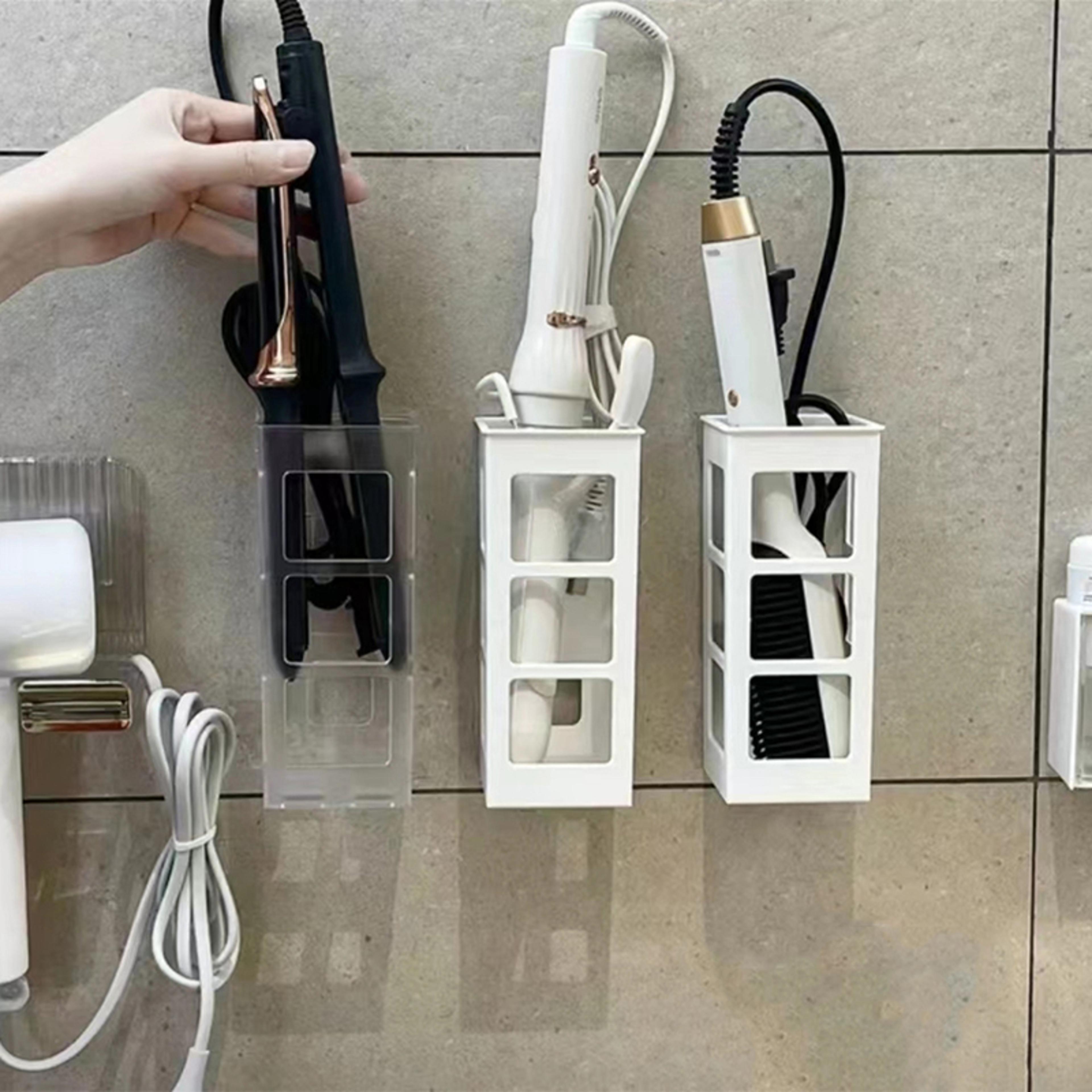 space saving wall mounted hair dryer holder and bathroom organizer rack