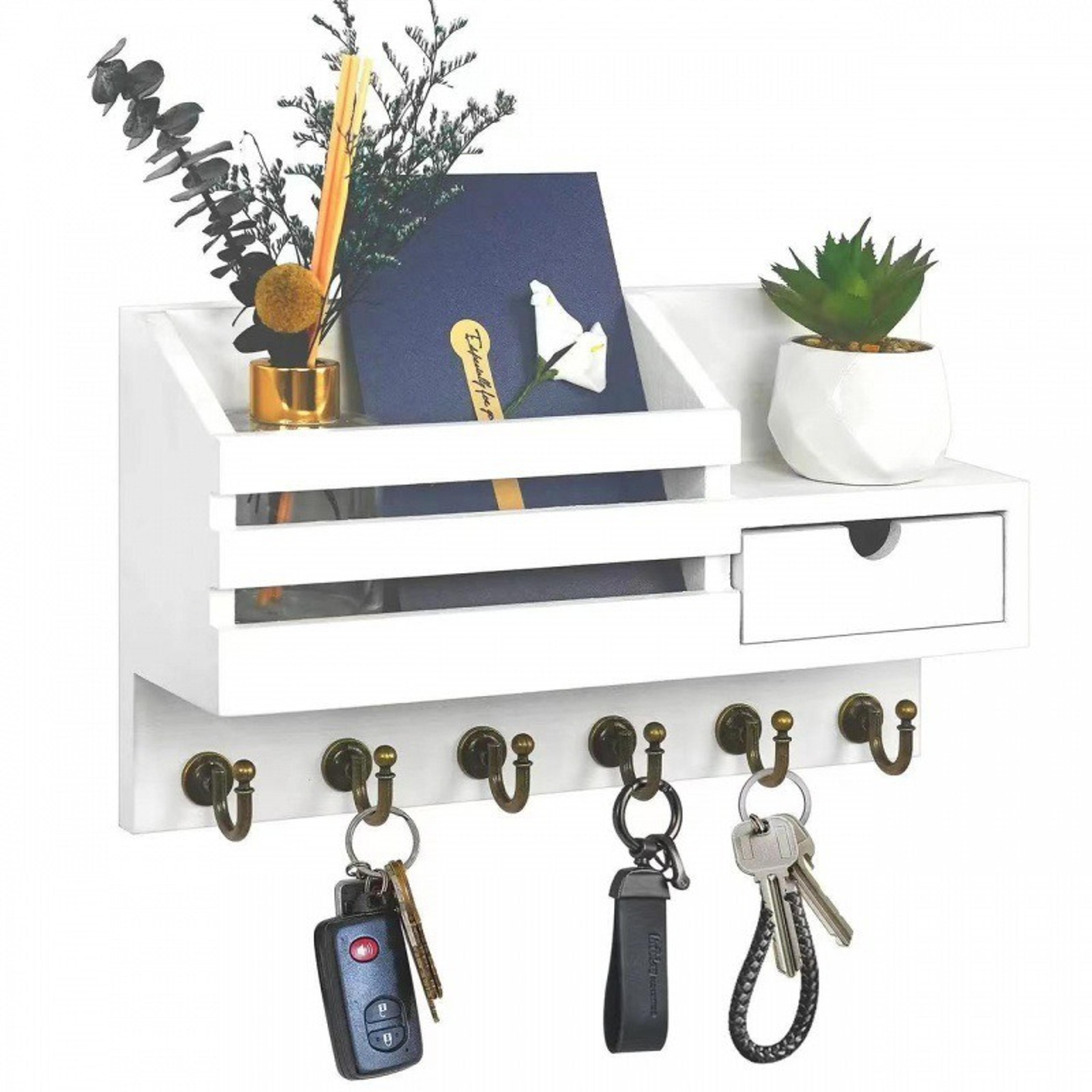 wooden wall mounted key holder with mail organizer shelf and 6 hooks