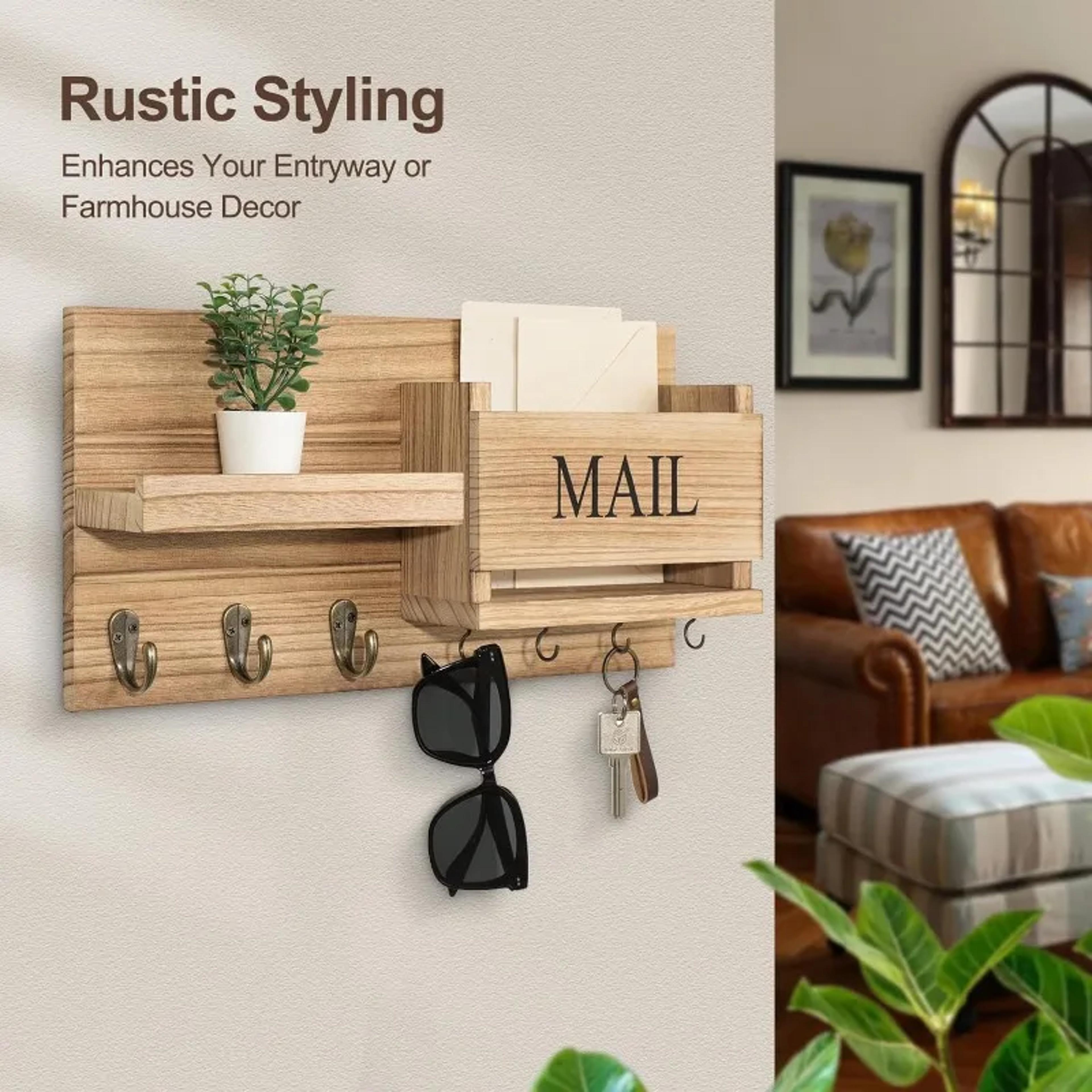 wood wall mail organizer with key holder and shelf