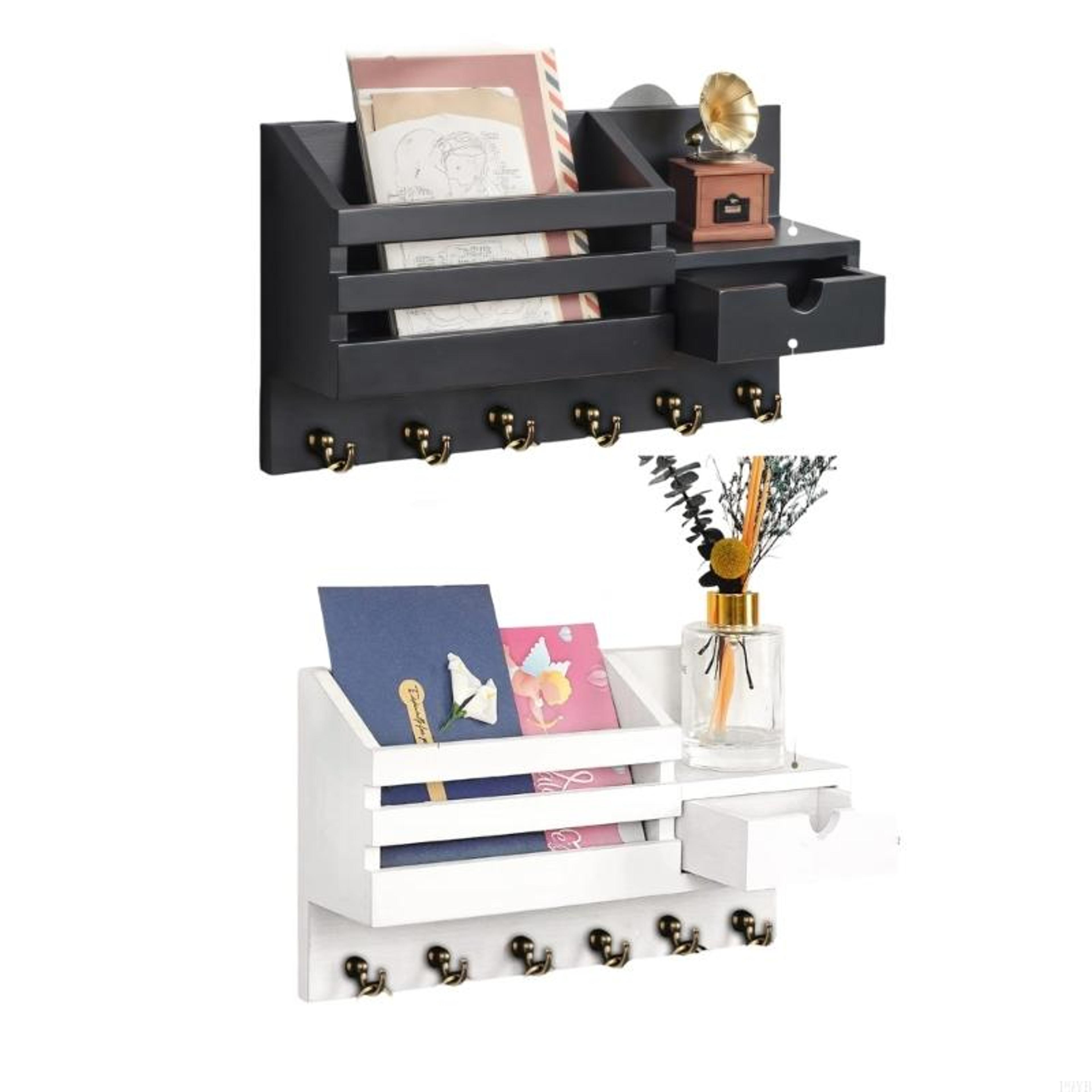 rustic wall mounted mail organizer with drawer and key hooks for entryway storage