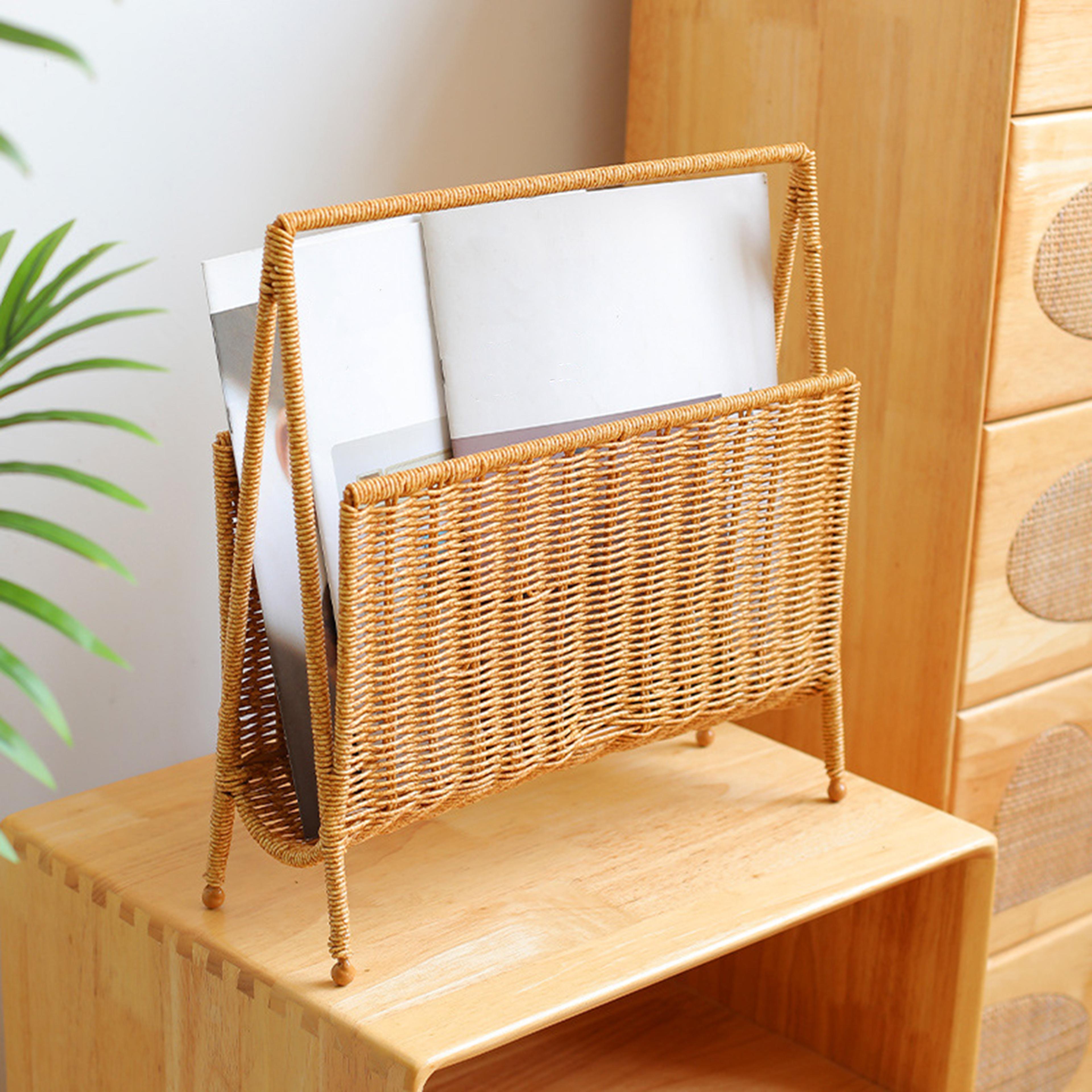rustic woven magazine rack and vinyl record holder with metal stand