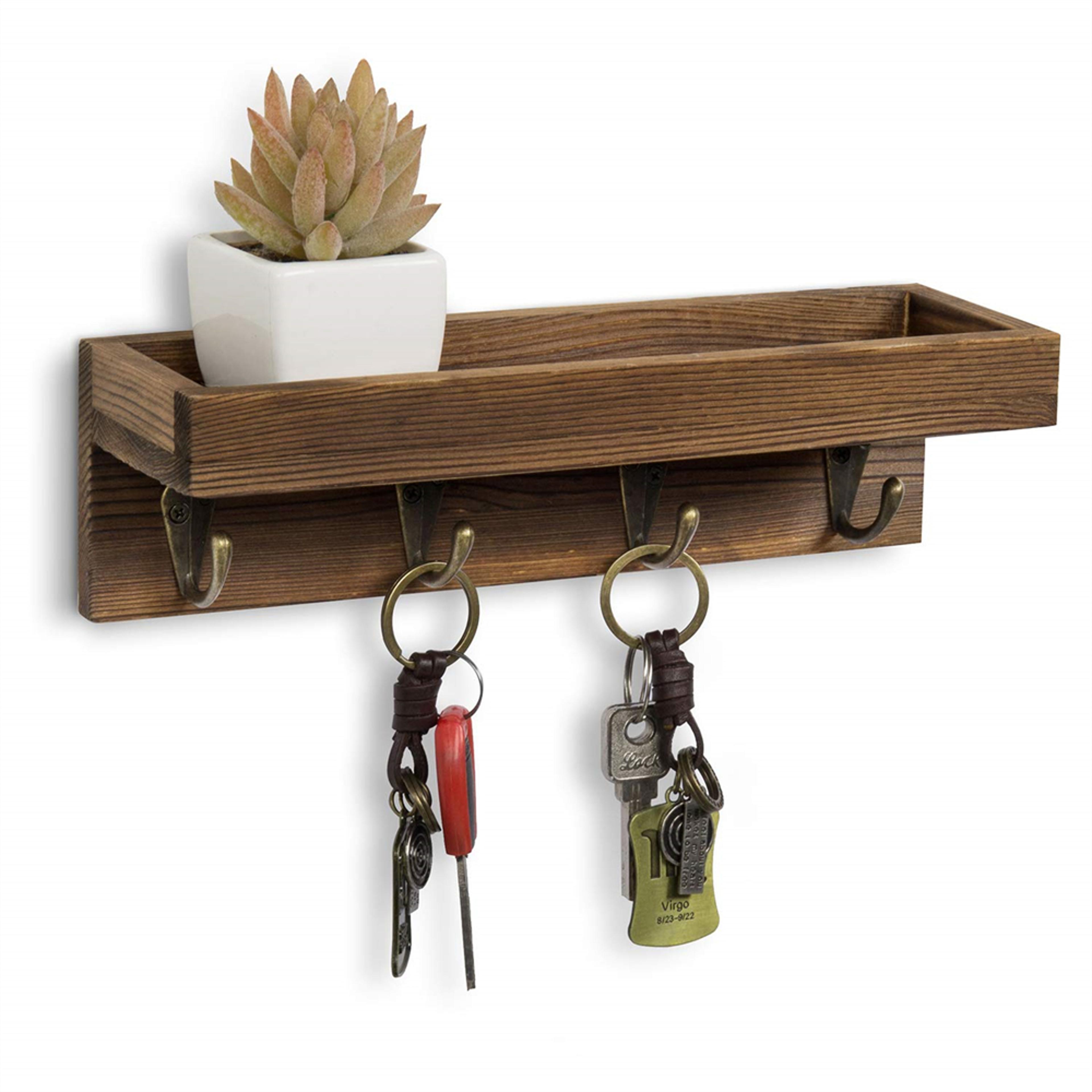 rustic wooden key holder for wall with shelf and metal hooks