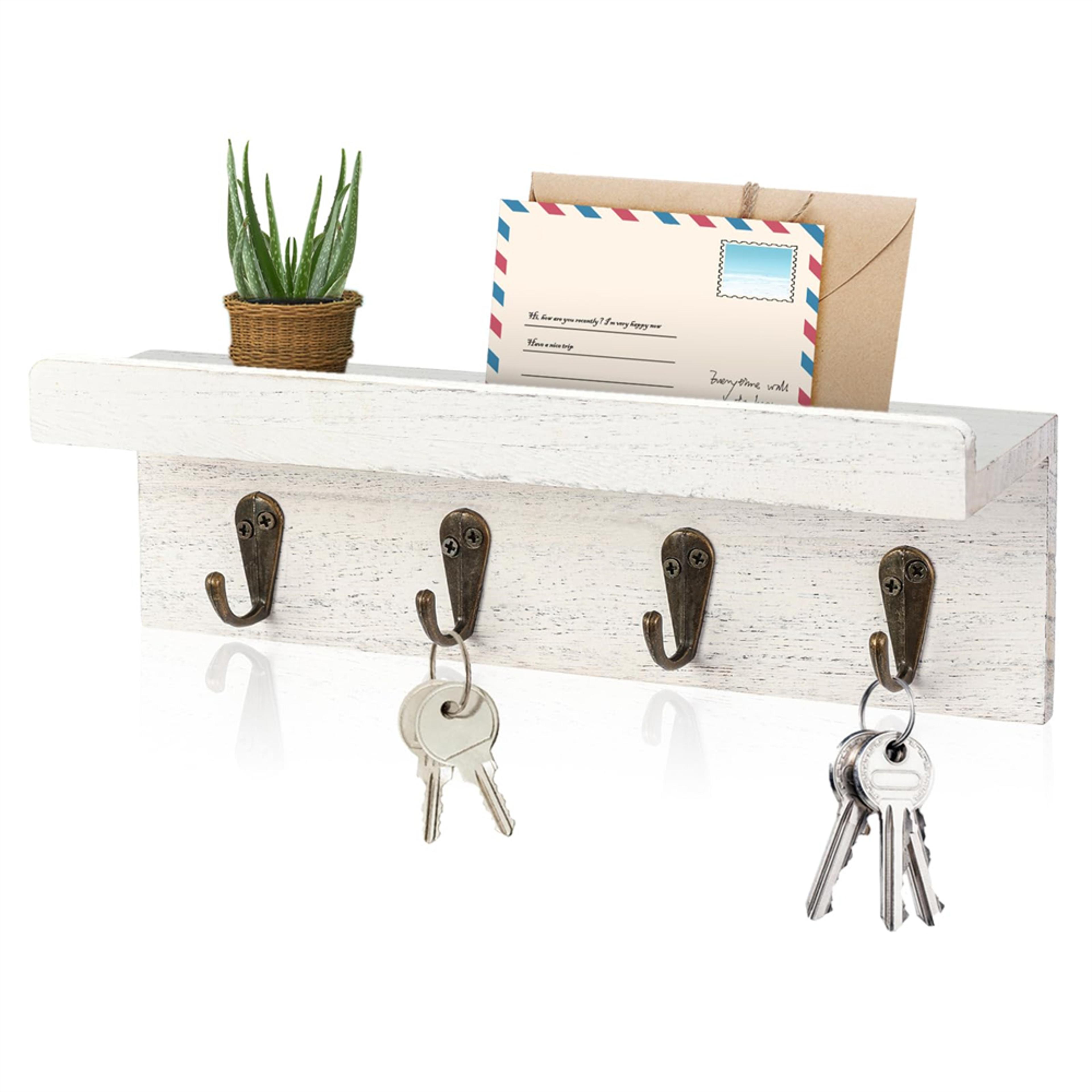 rustic wood key holder for wall with farmhouse shelf and hooks