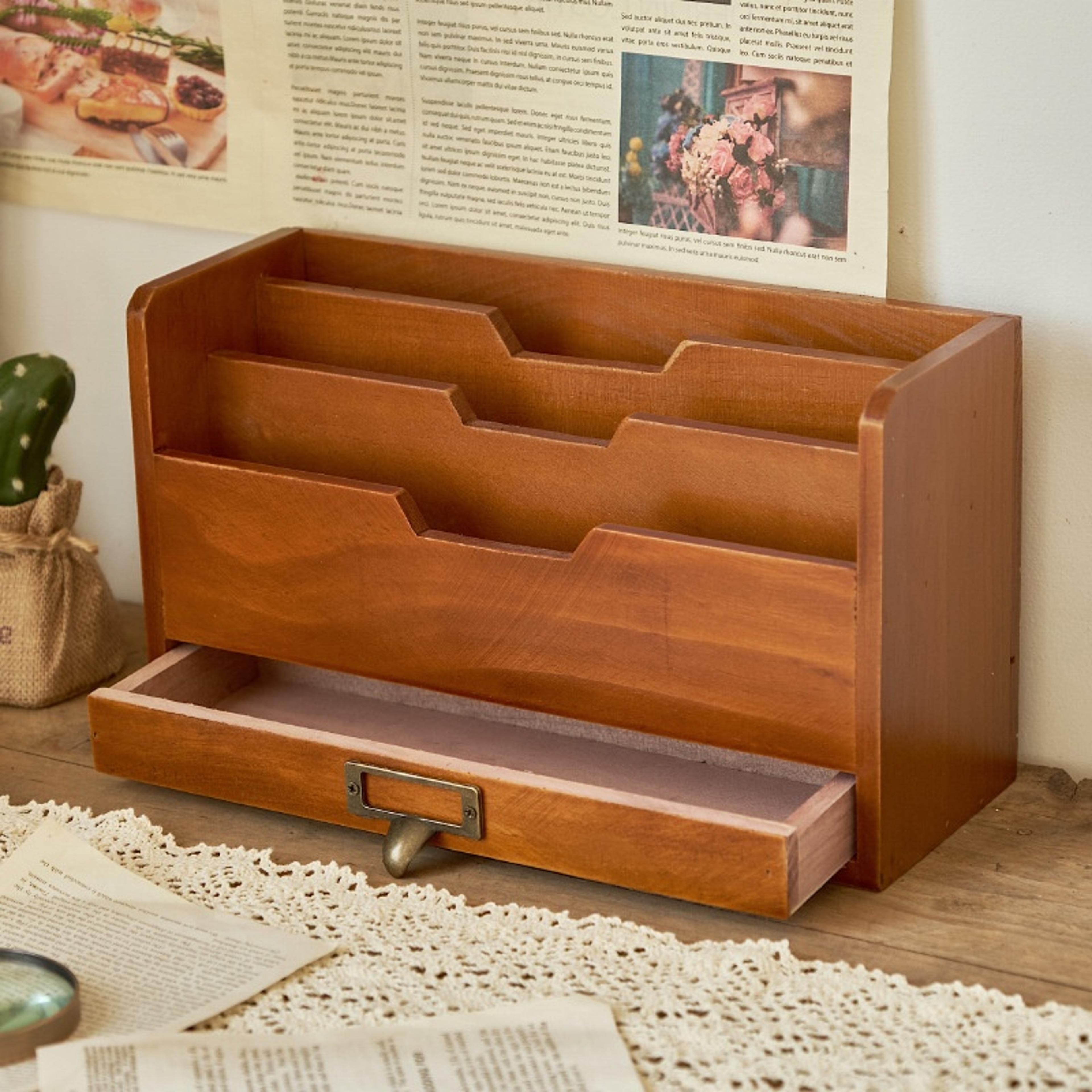 vintage wooden desk organizer and mail sorter for files and letters