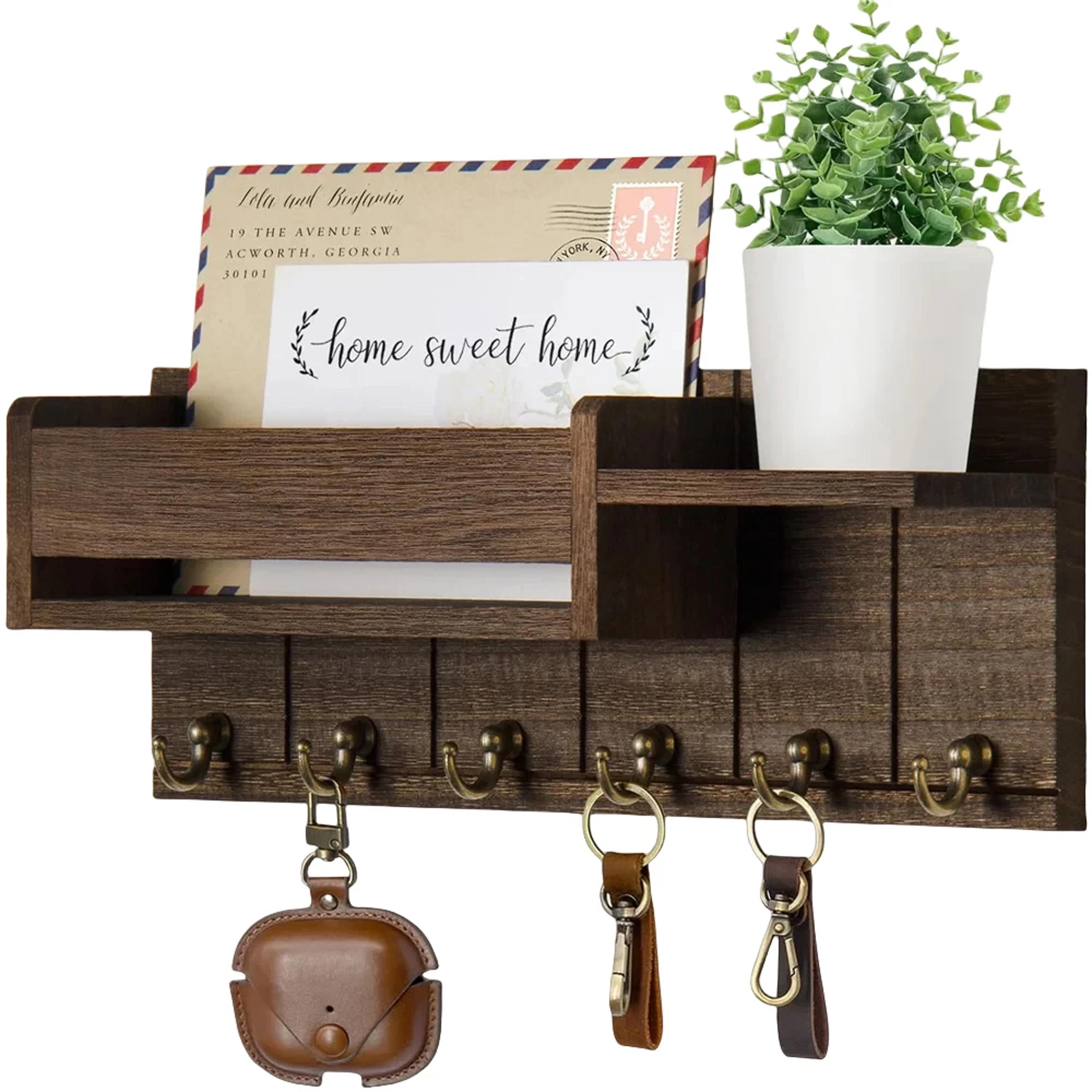 rustic wood key holder with shelf and wall mounted mail organizer
