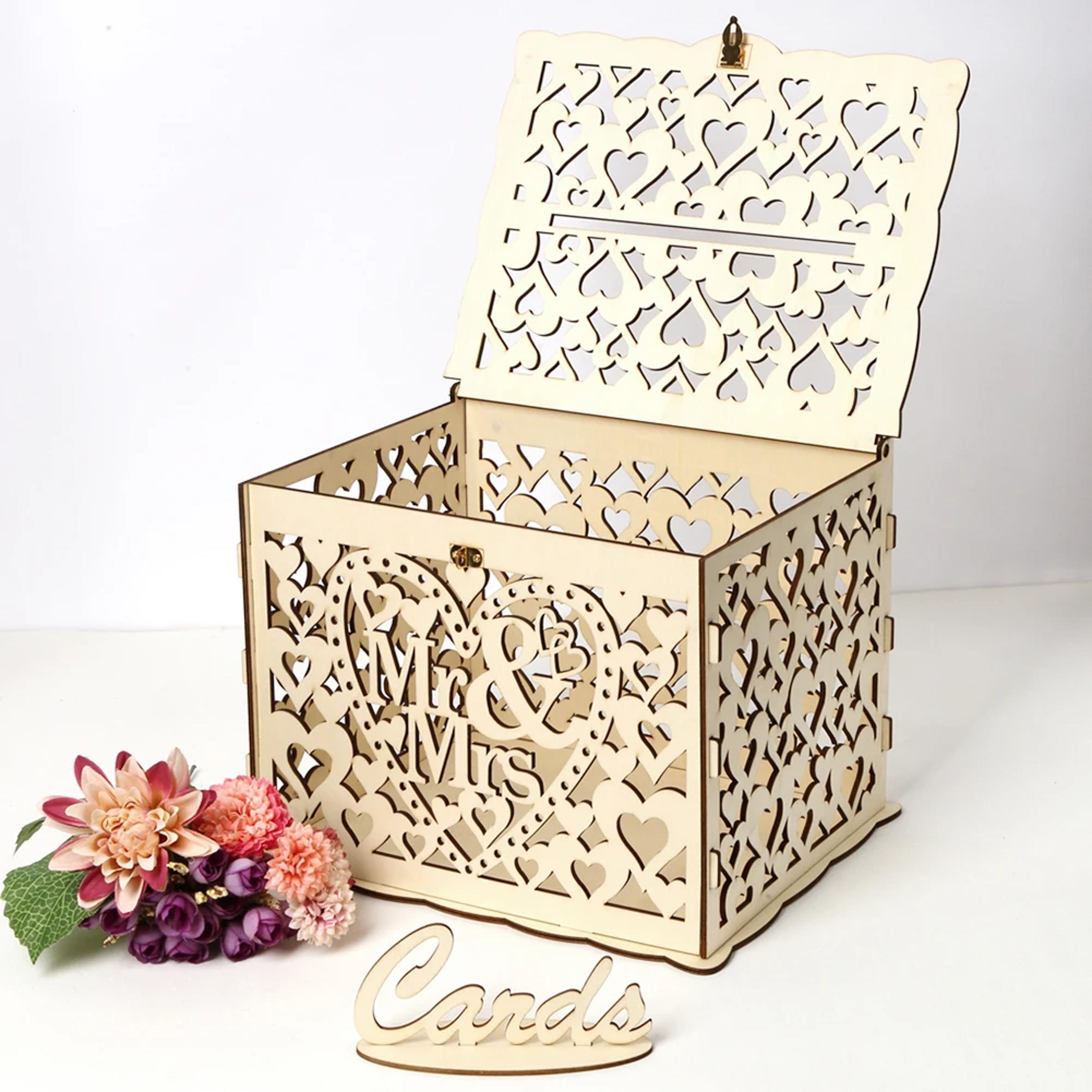 floral wooden wedding card box with mr and mrs design and cards sign