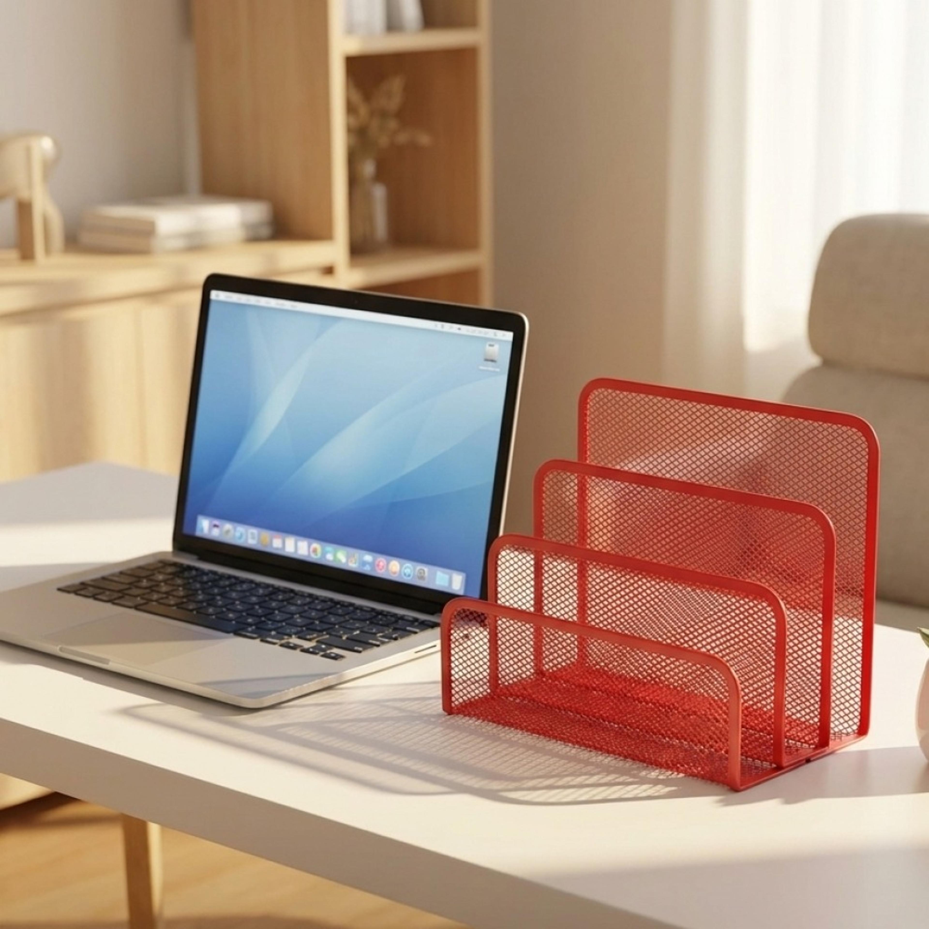 red metal mesh desktop file organizer multi tier letter sorter
