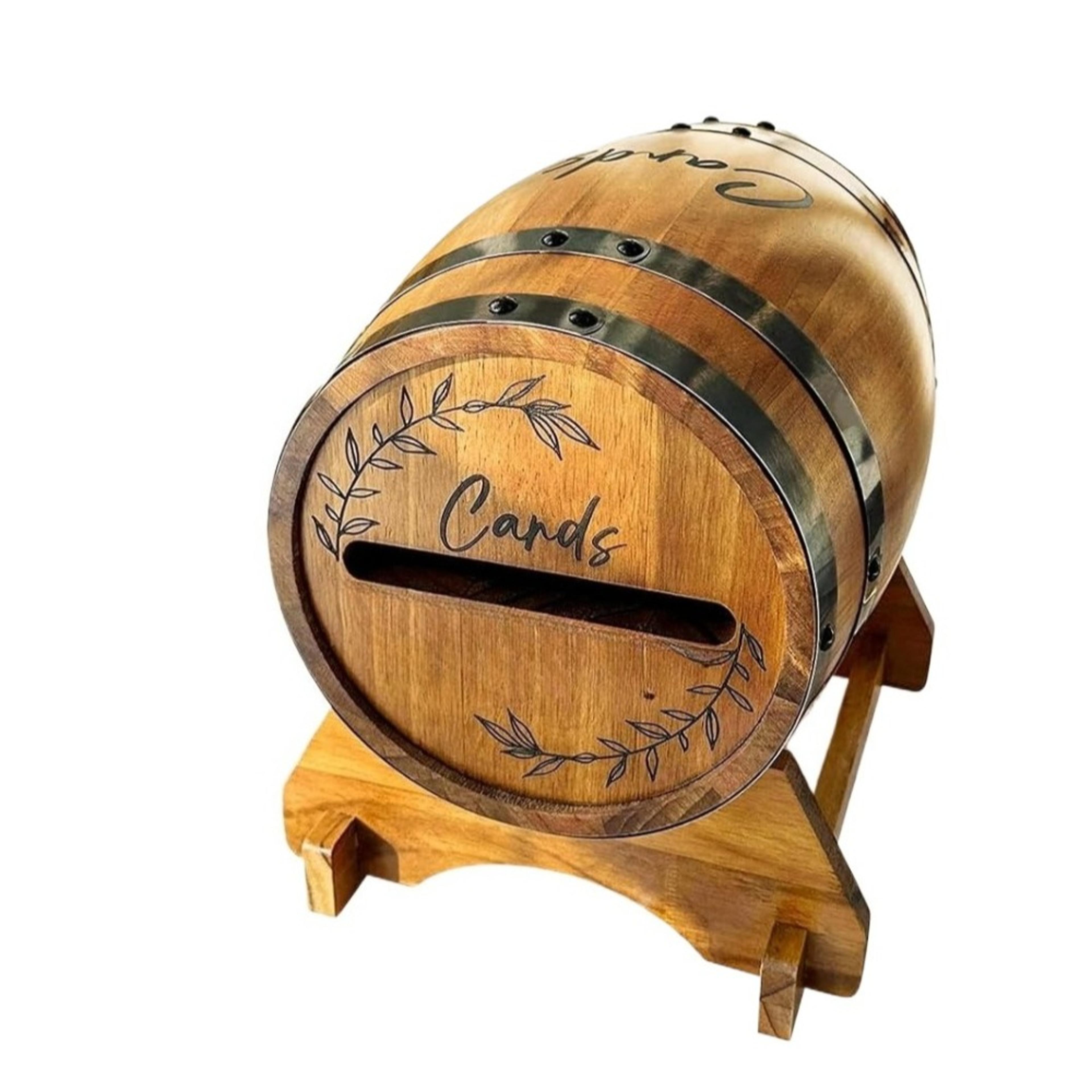 rustic wooden wedding card box barrel with stand for cards and money
