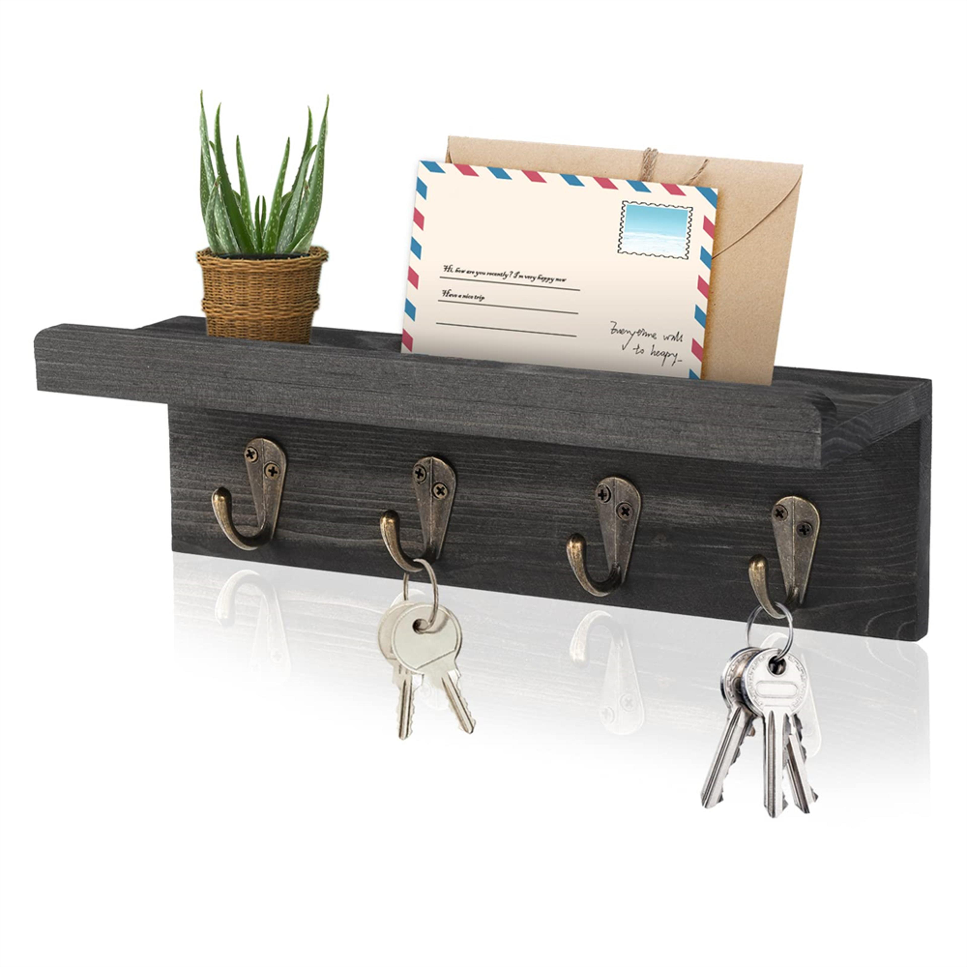 farmhouse wooden key holder wall mount with mail organizer and 4 hooks