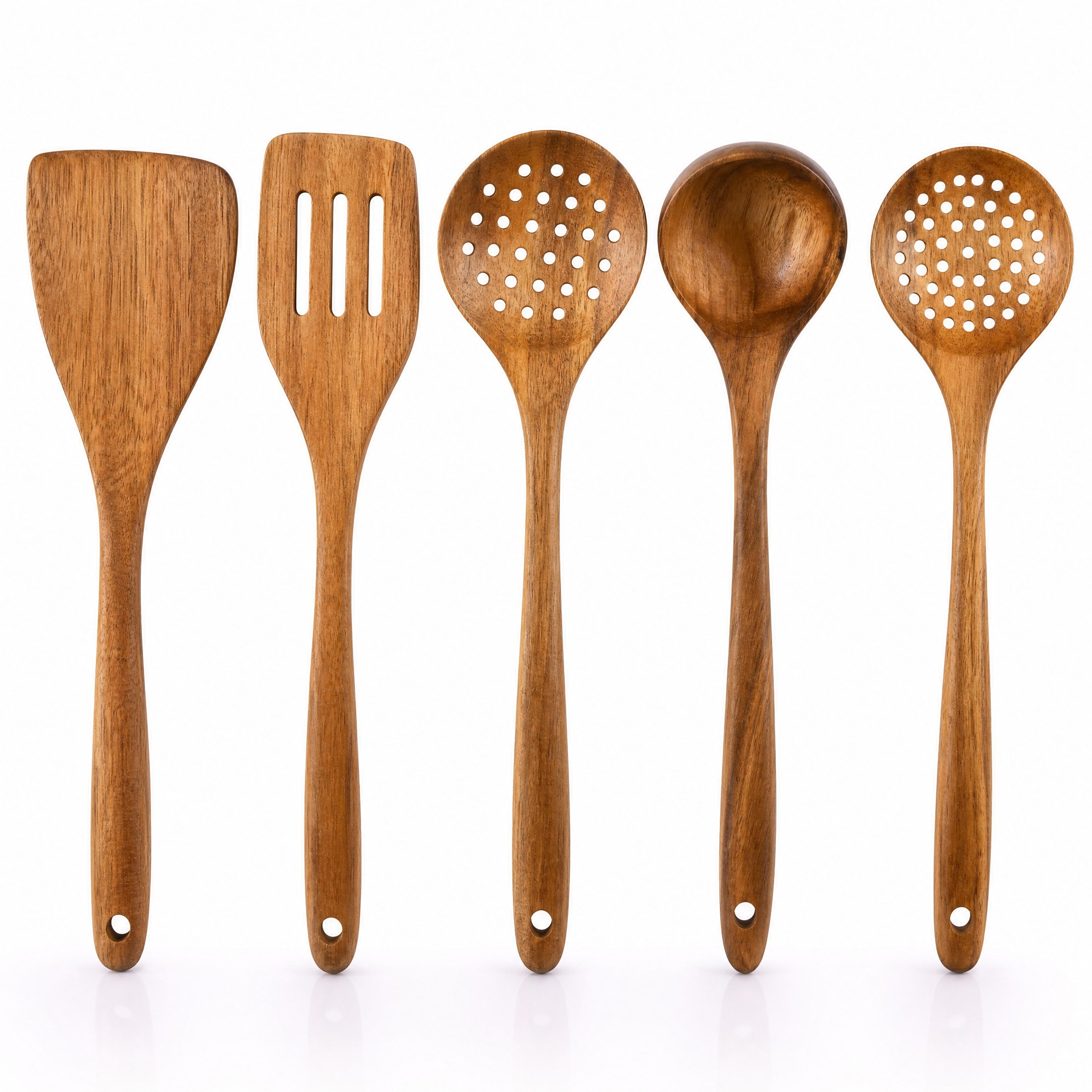 wooden cooking utensils set with spatulas spoons and storage holder