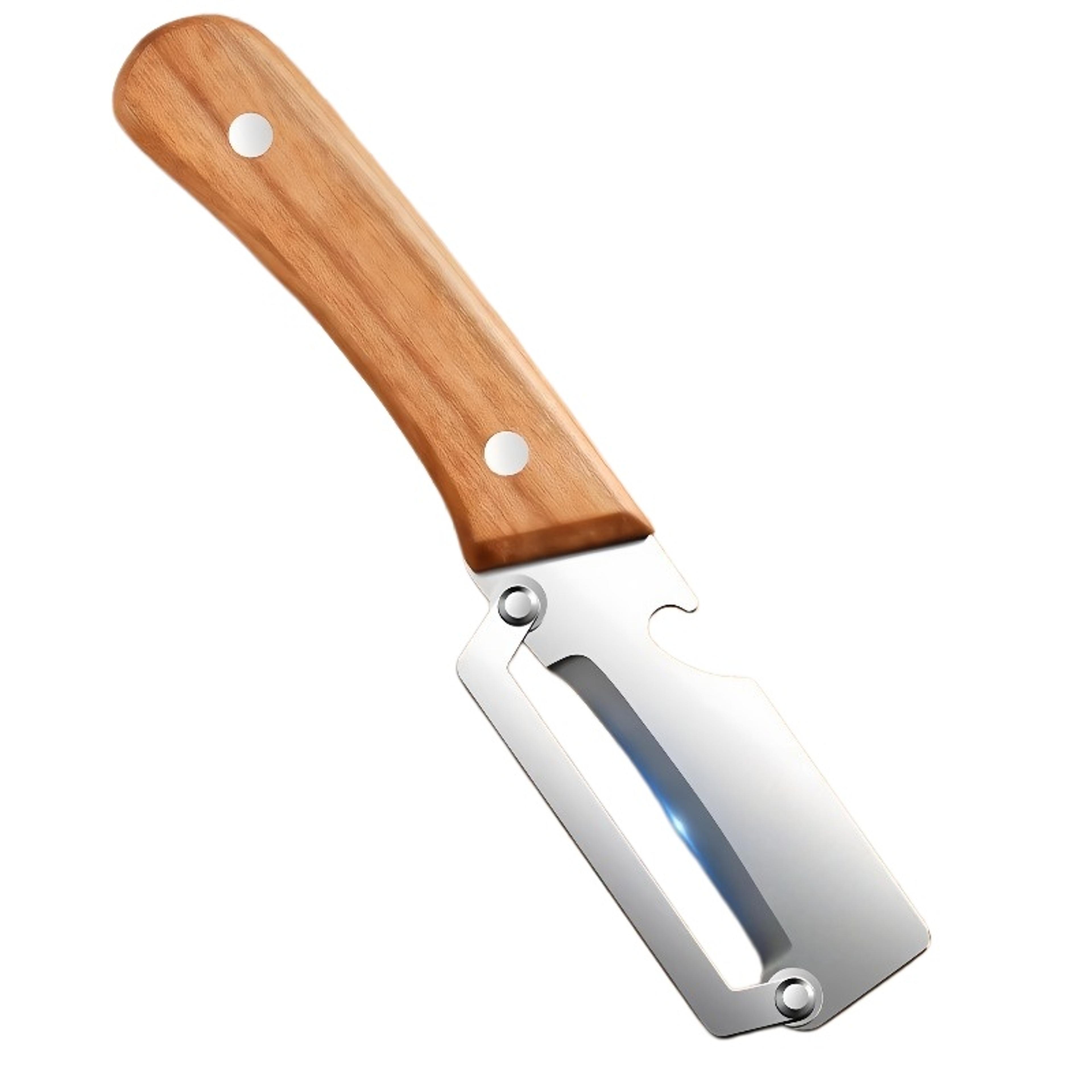stainless steel vegetable peeler with wooden handle and bottle opener