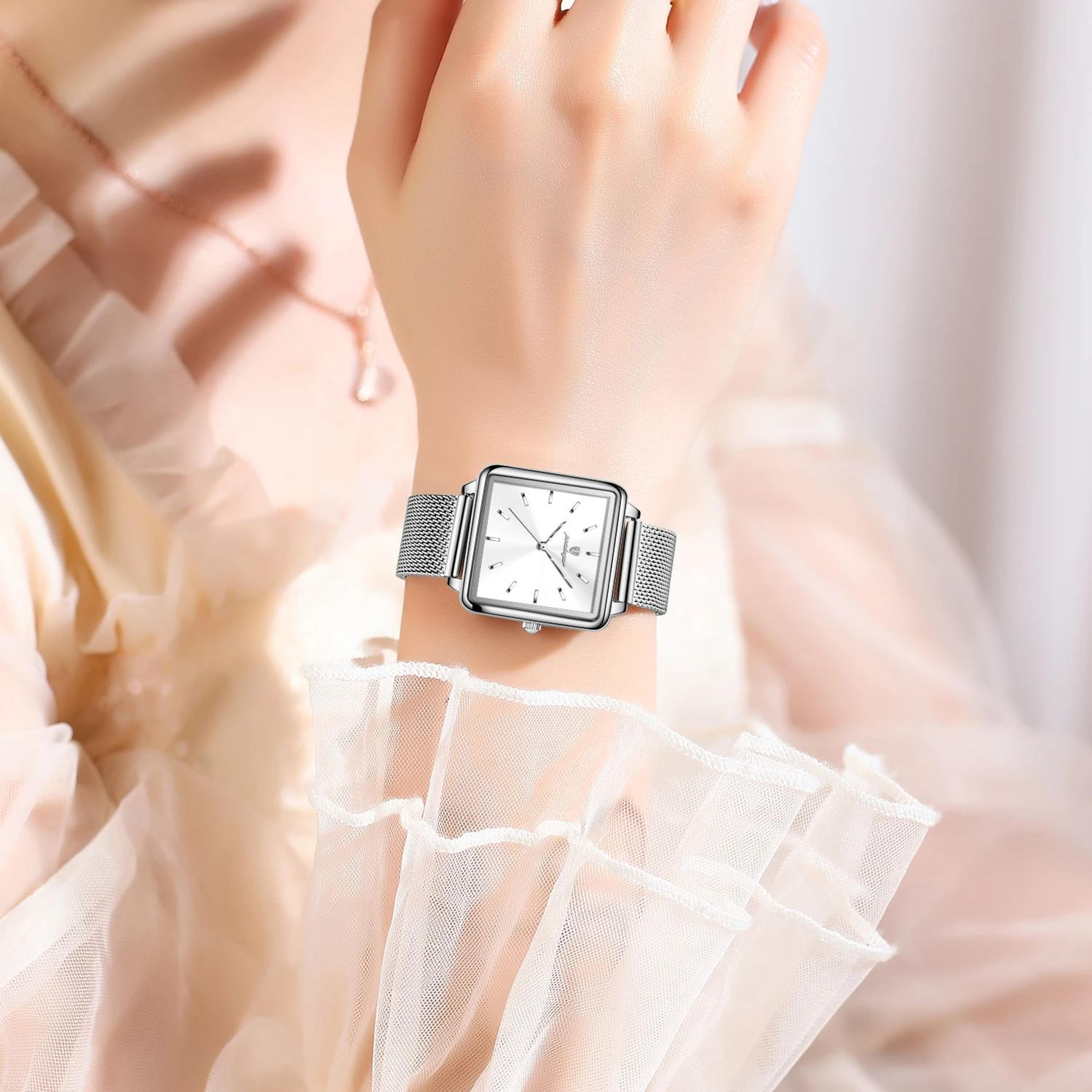 elegant square women quartz watch waterproof stainless steel mesh wristwatch