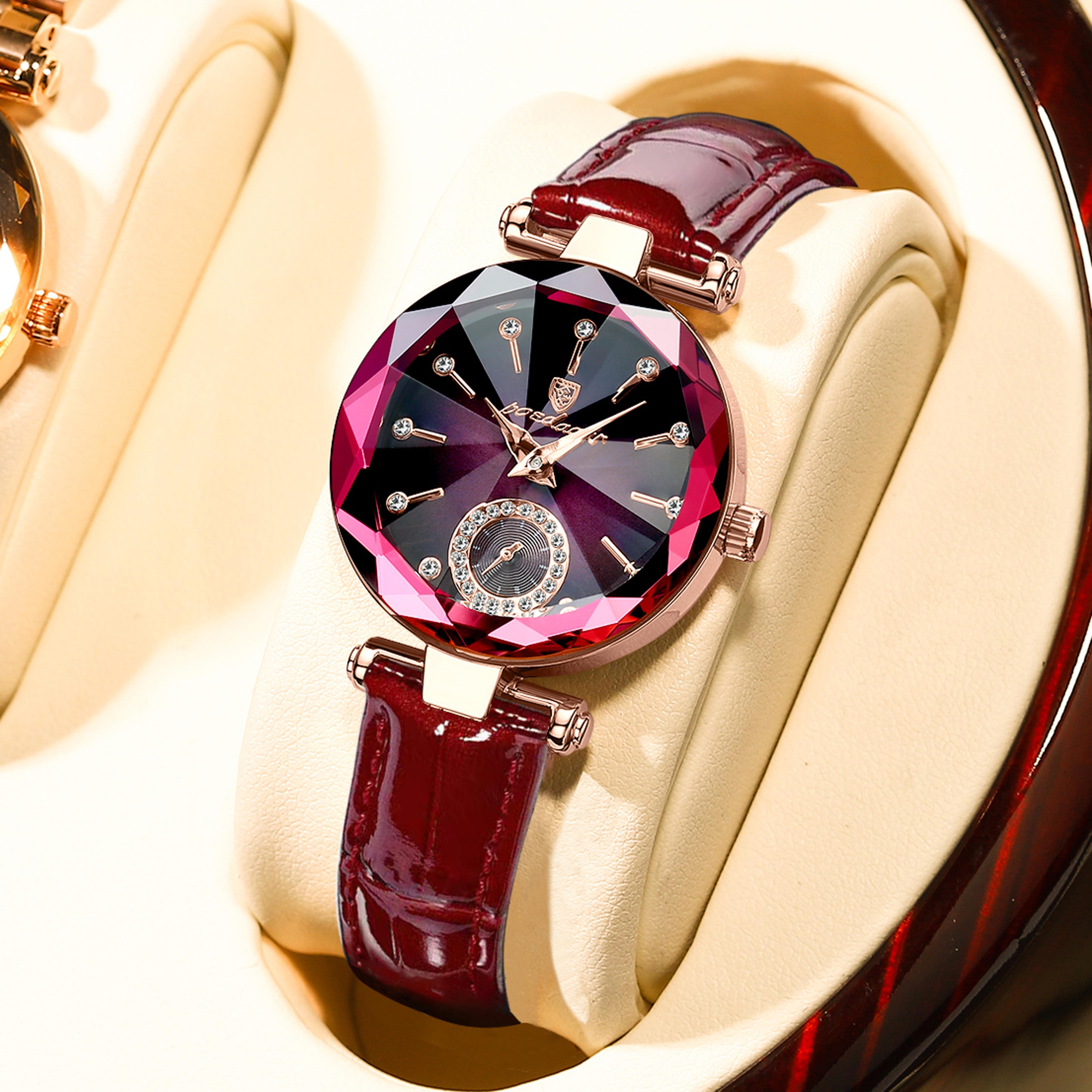 elegant women's leather quartz watch with diamond dial waterproof design