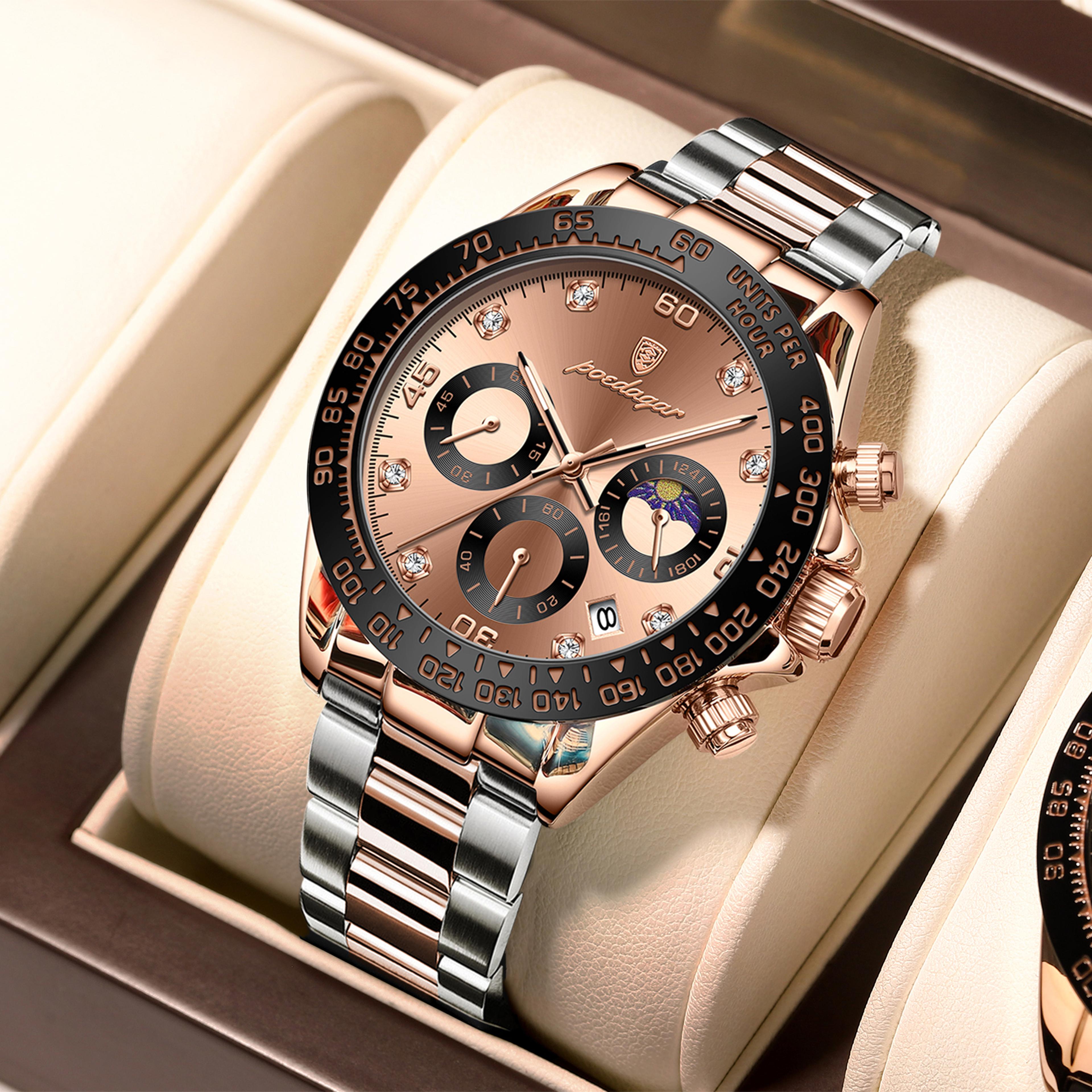 luxury chronograph watch for men waterproof luminous stainless steel quartz wristwatch