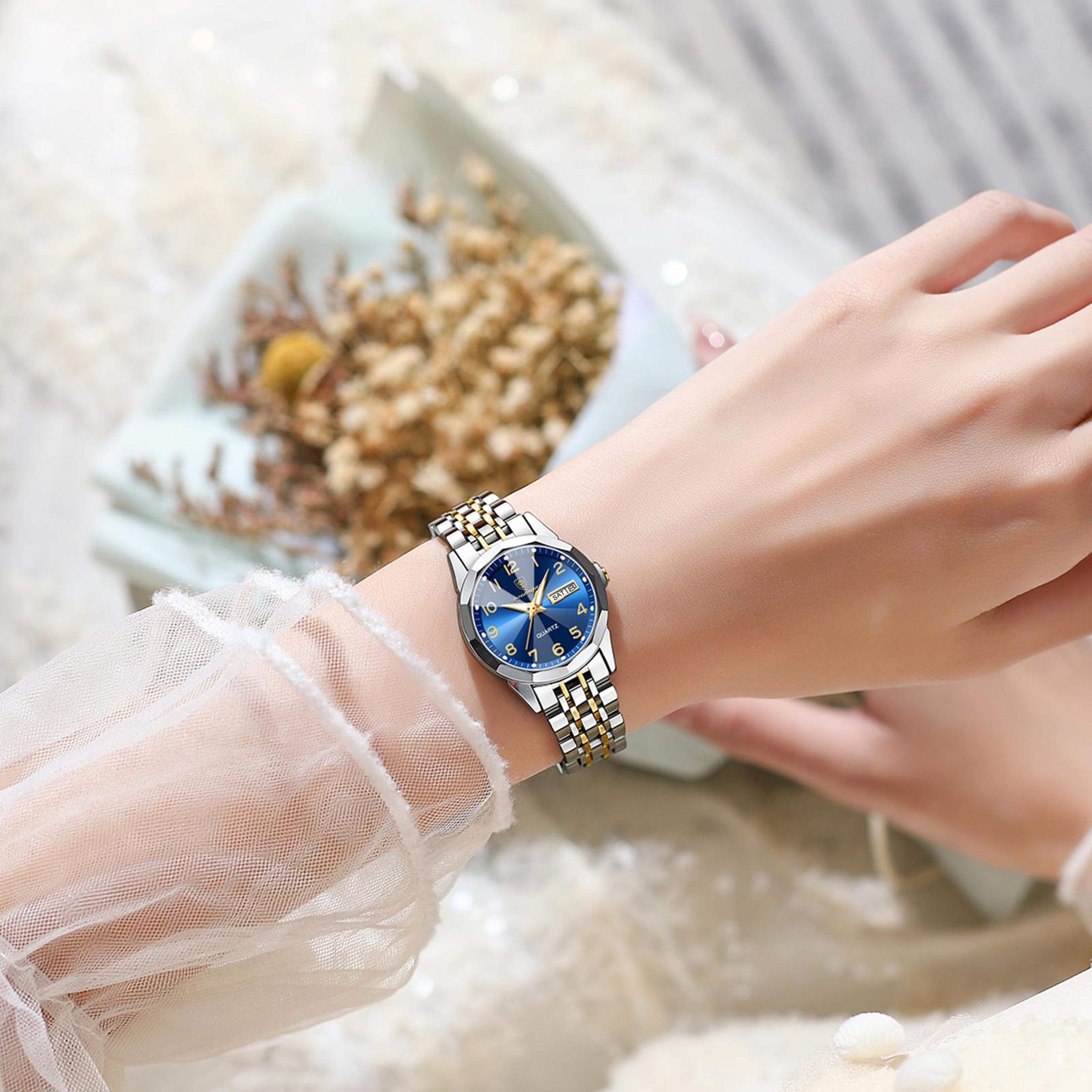 elegant waterproof women quartz watch with luminous hands date week display & stainless steel band