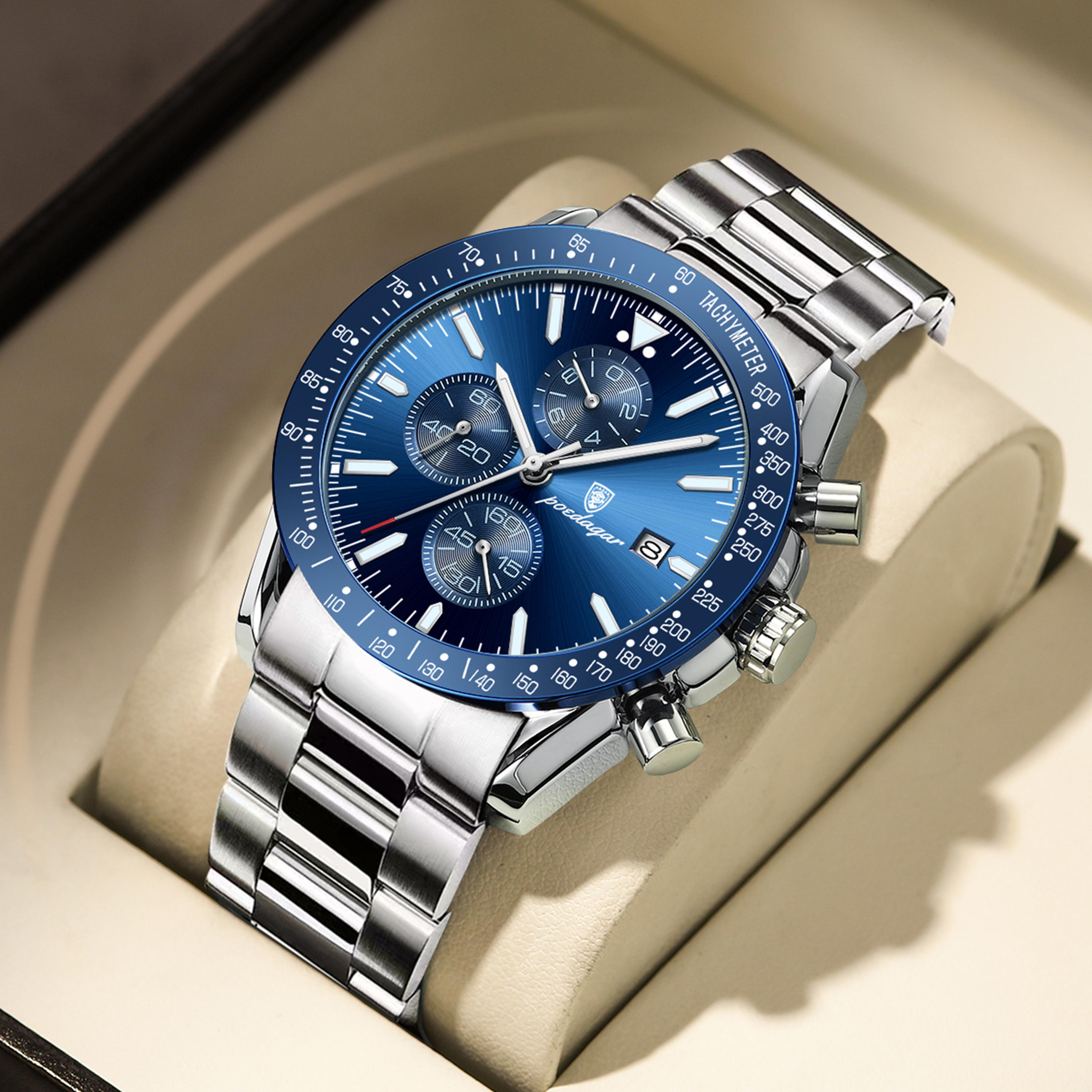 luxury men chronograph watch waterproof luminous stainless steel quartz wristwatch