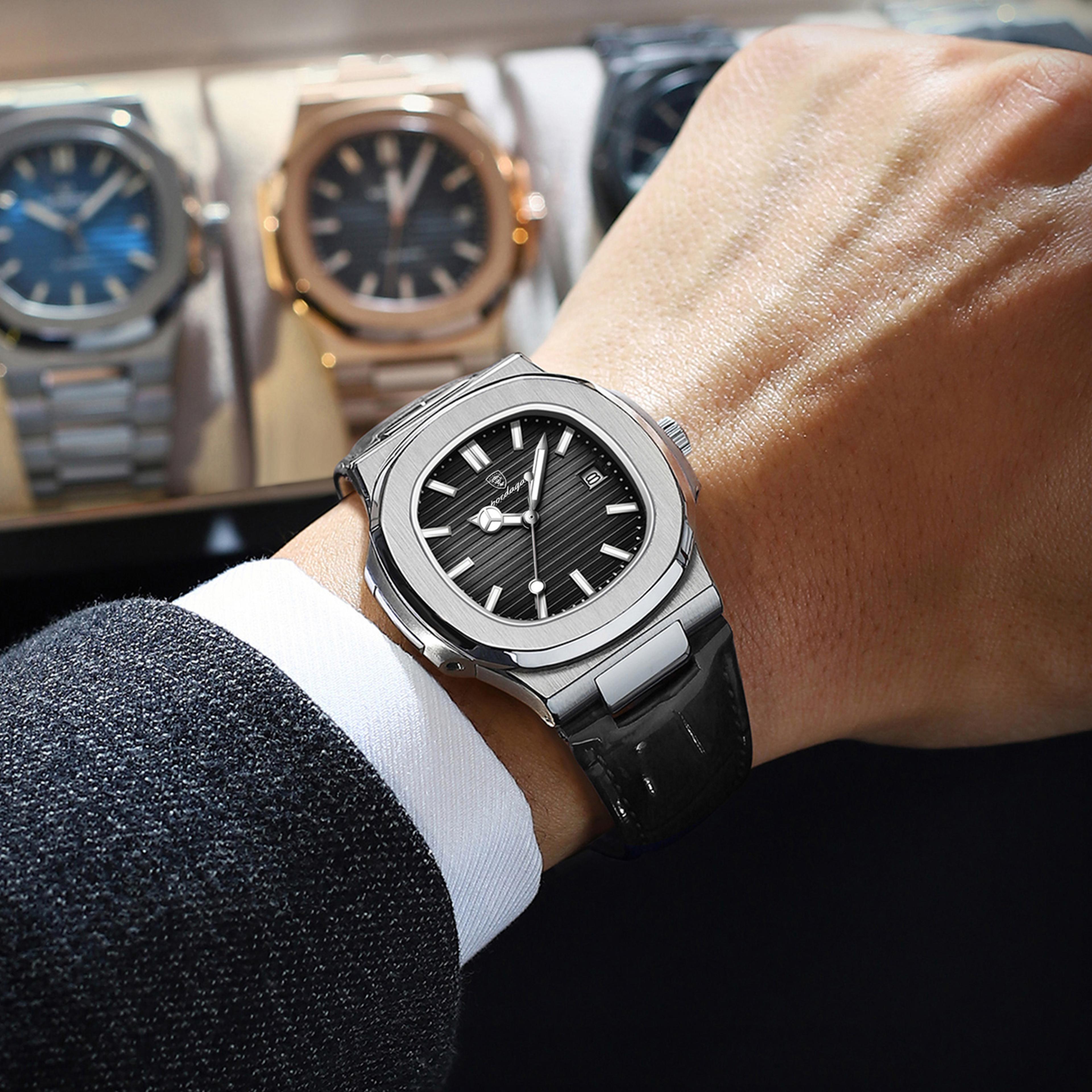 luxury square mens quartz watch waterproof luminous leather wristwatch