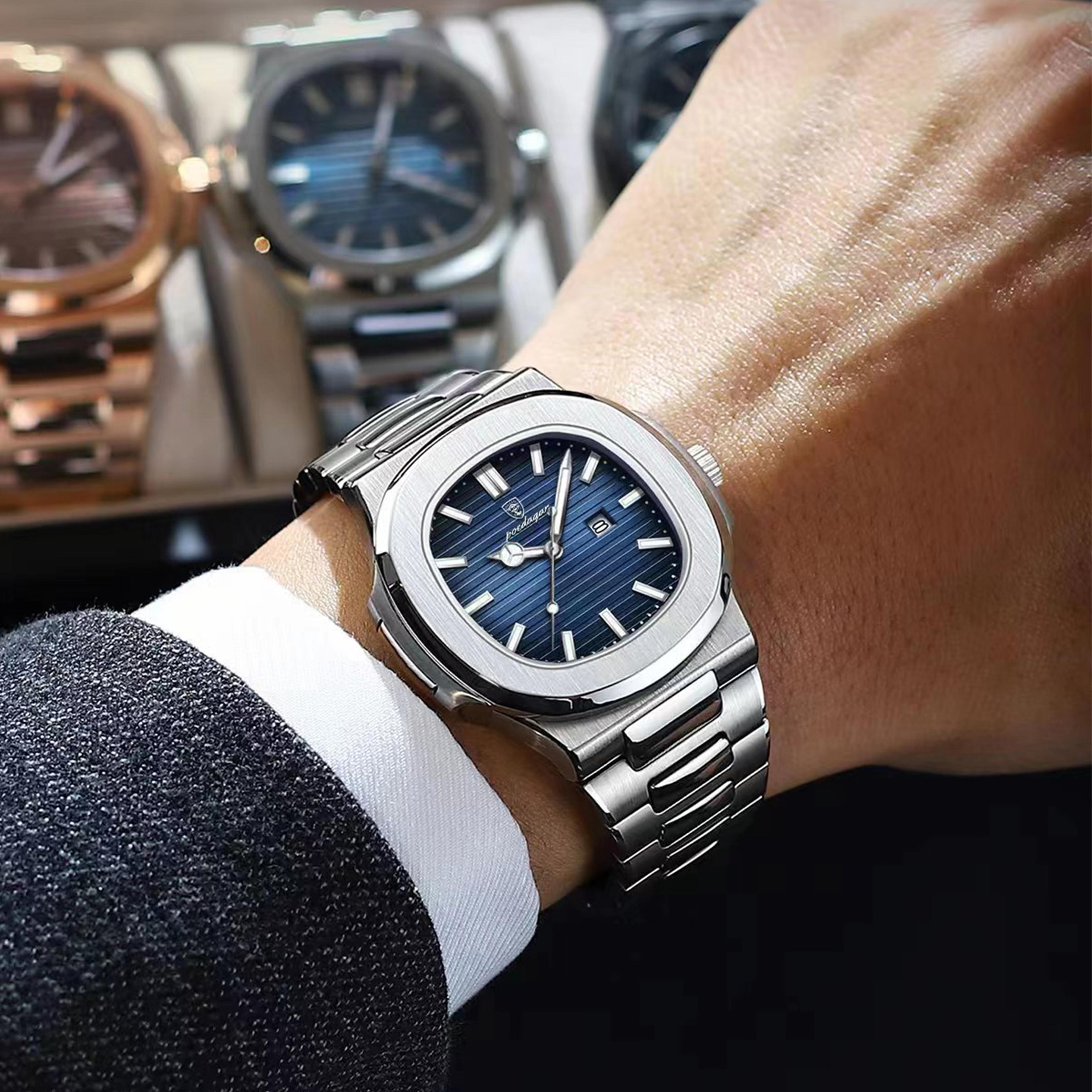 square mens quartz watch waterproof luminous stainless steel business wristwatch