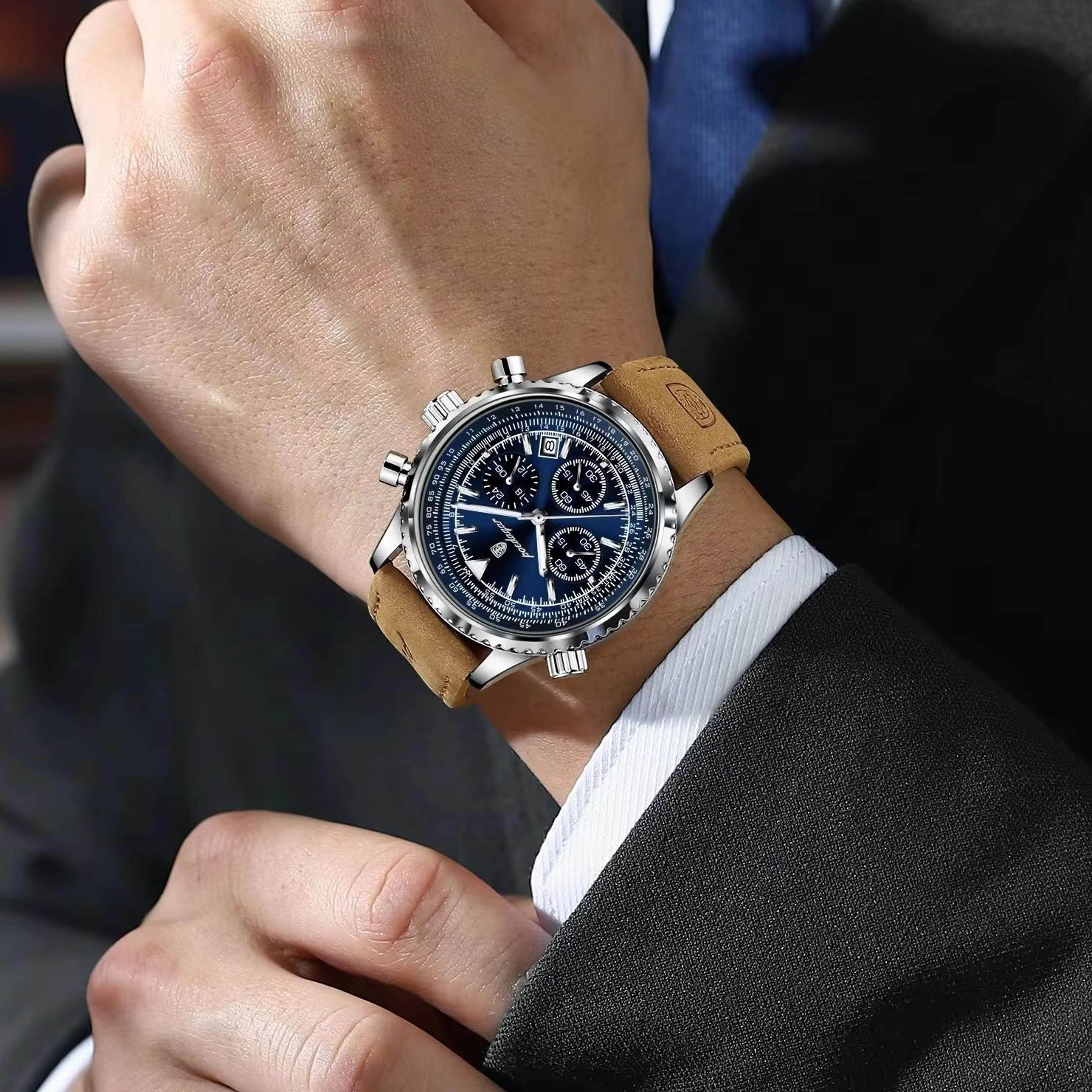 mens chronograph watch waterproof luminous leather quartz wristwatch