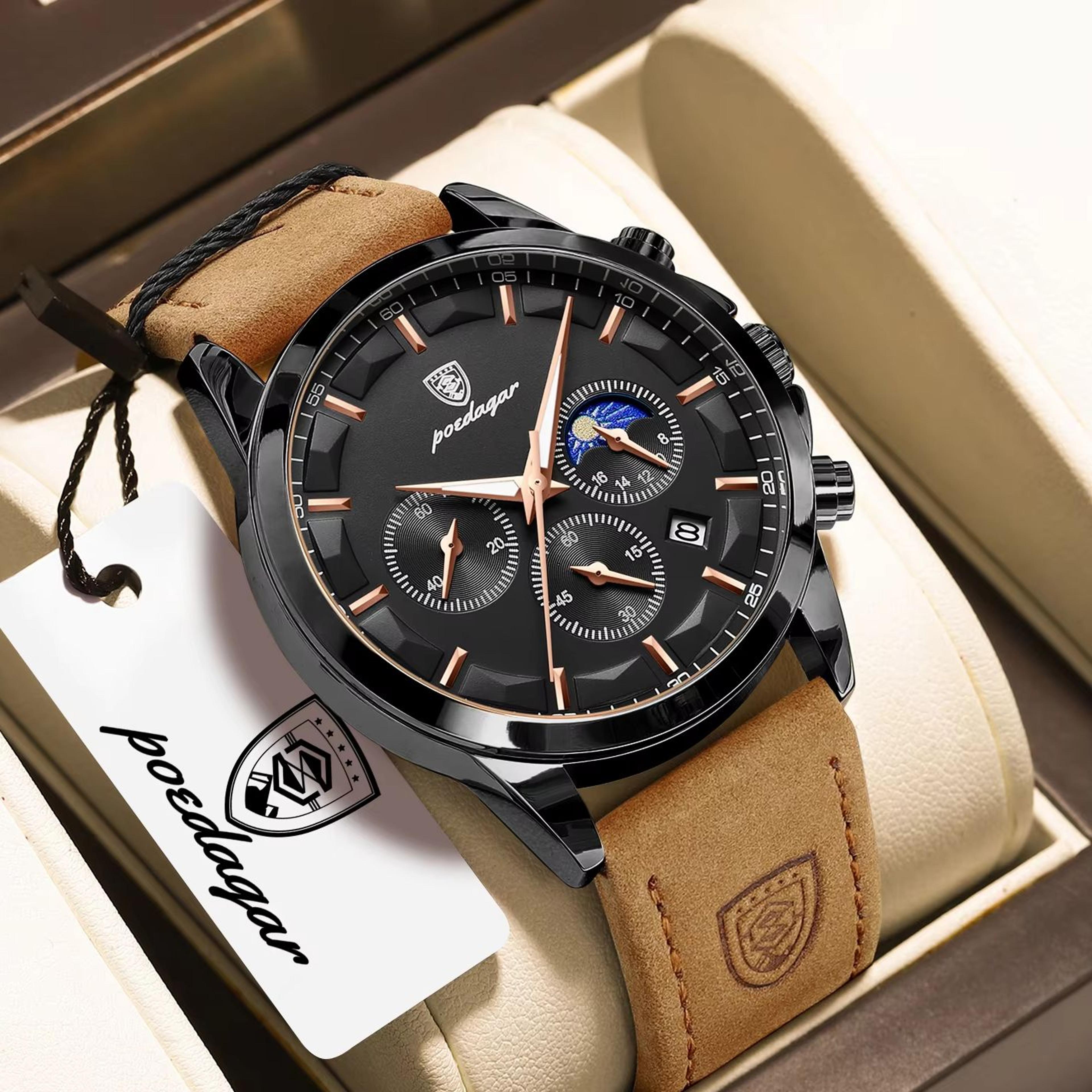 luxury mens chronograph watch waterproof quartz watch with leather strap
