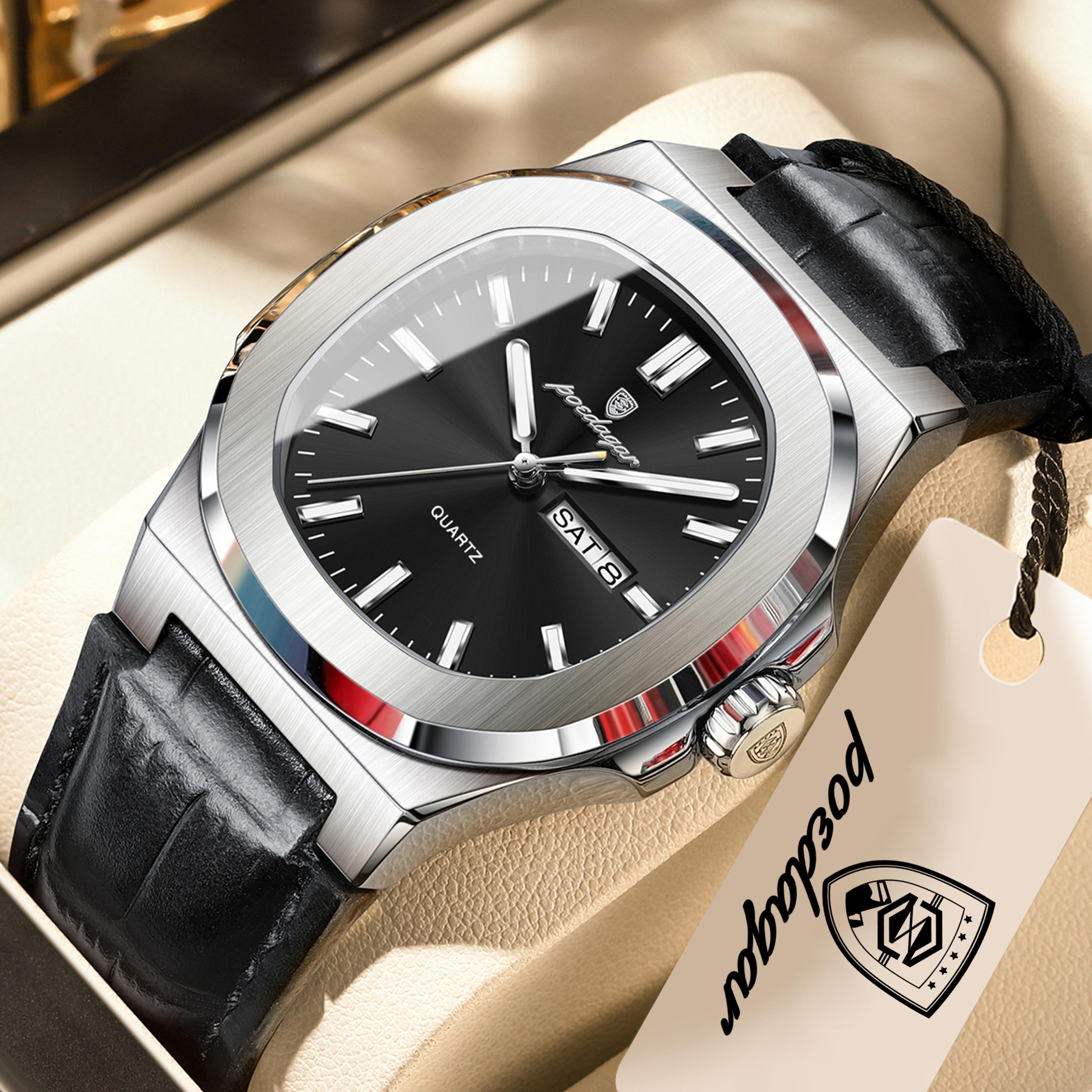 luxury men's leather watch waterproof luminous quartz watch with day date display