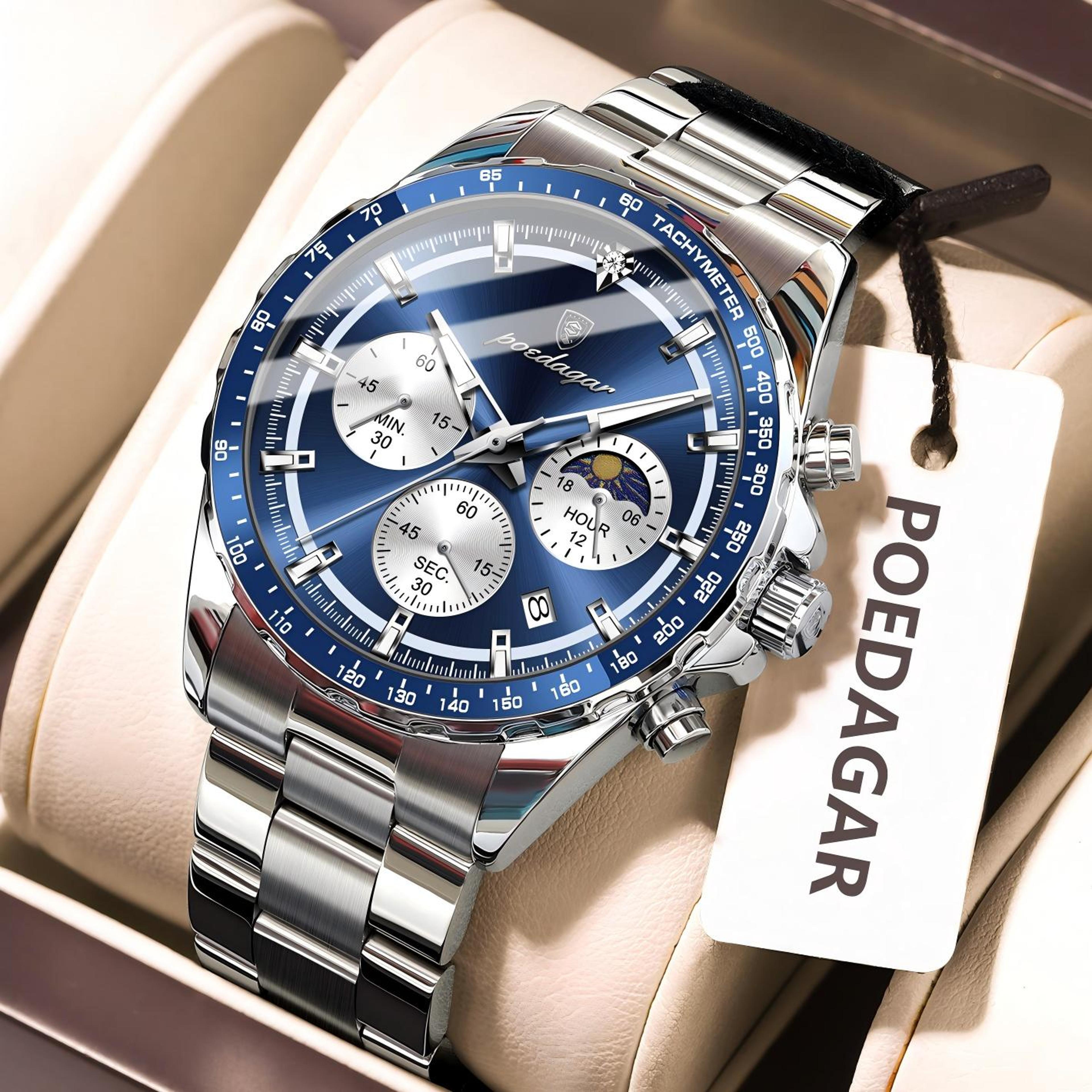 waterproof chronograph watch for men with stainless steel band luminous display and date