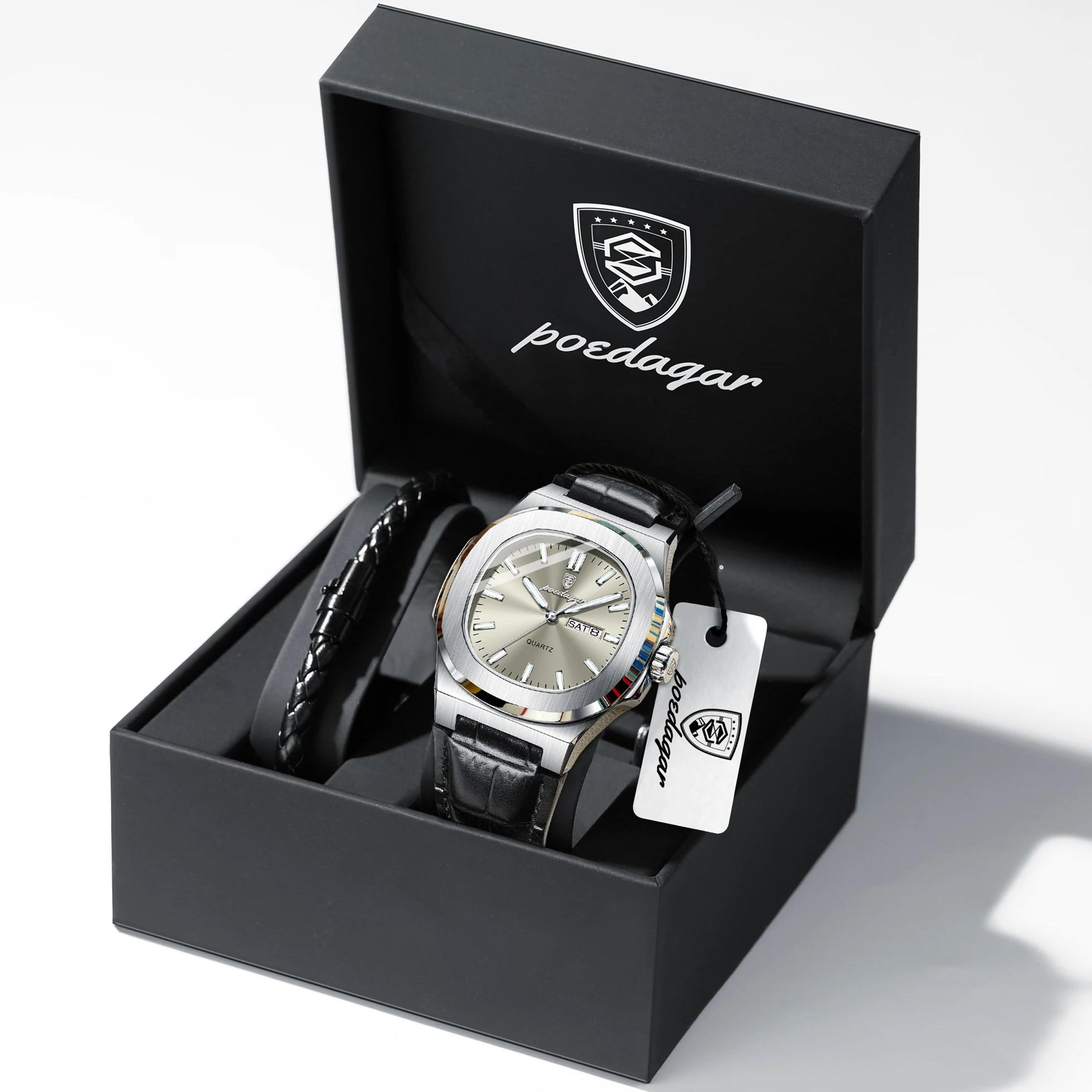 square quartz watch for men waterproof luminous business watch with leather strap