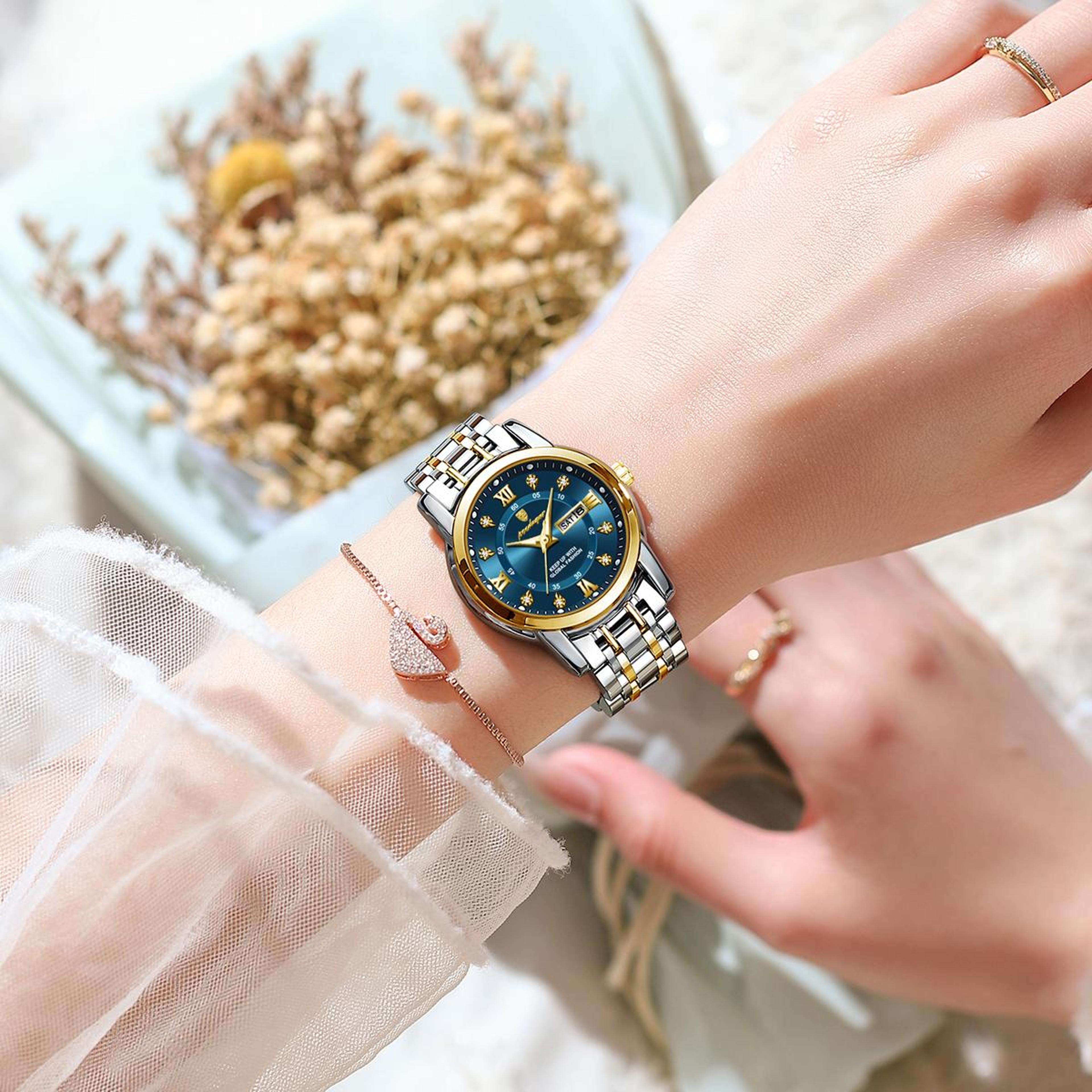 luxury women quartz watch waterproof stainless steel luminous date week watch