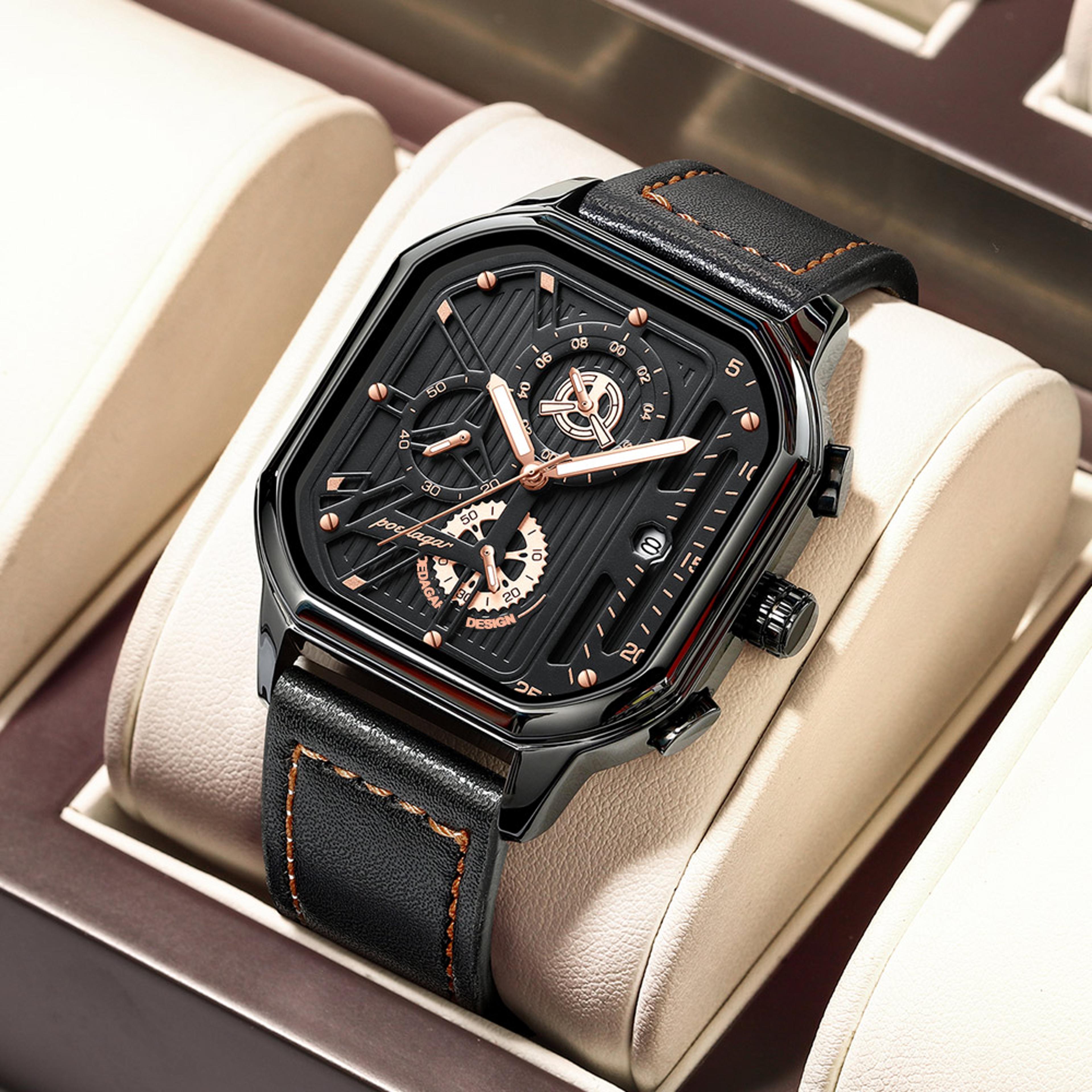 luxury men quartz chronograph watch with leather strap waterproof luminous design