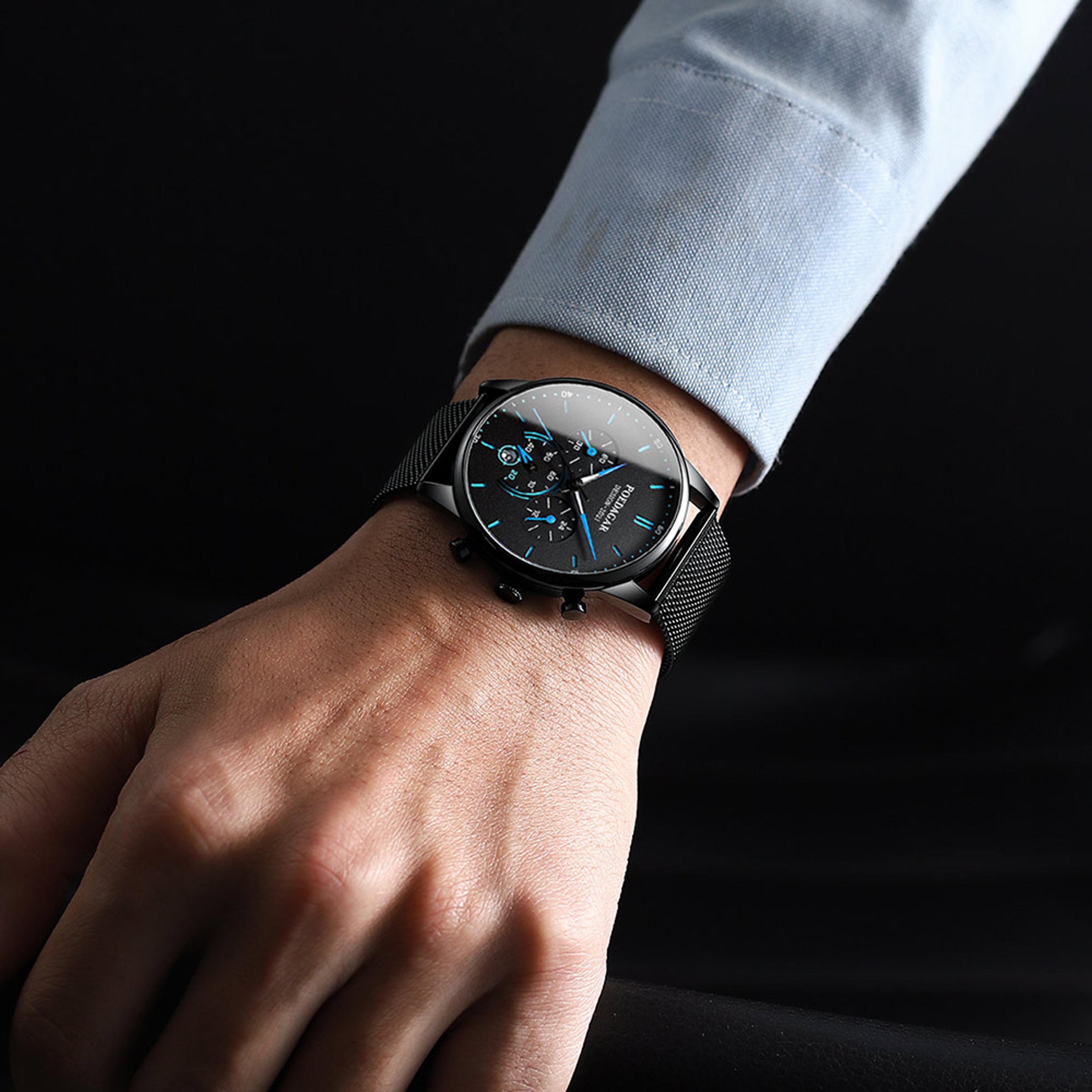 mens chronograph watch stainless steel mesh waterproof quartz wristwatch