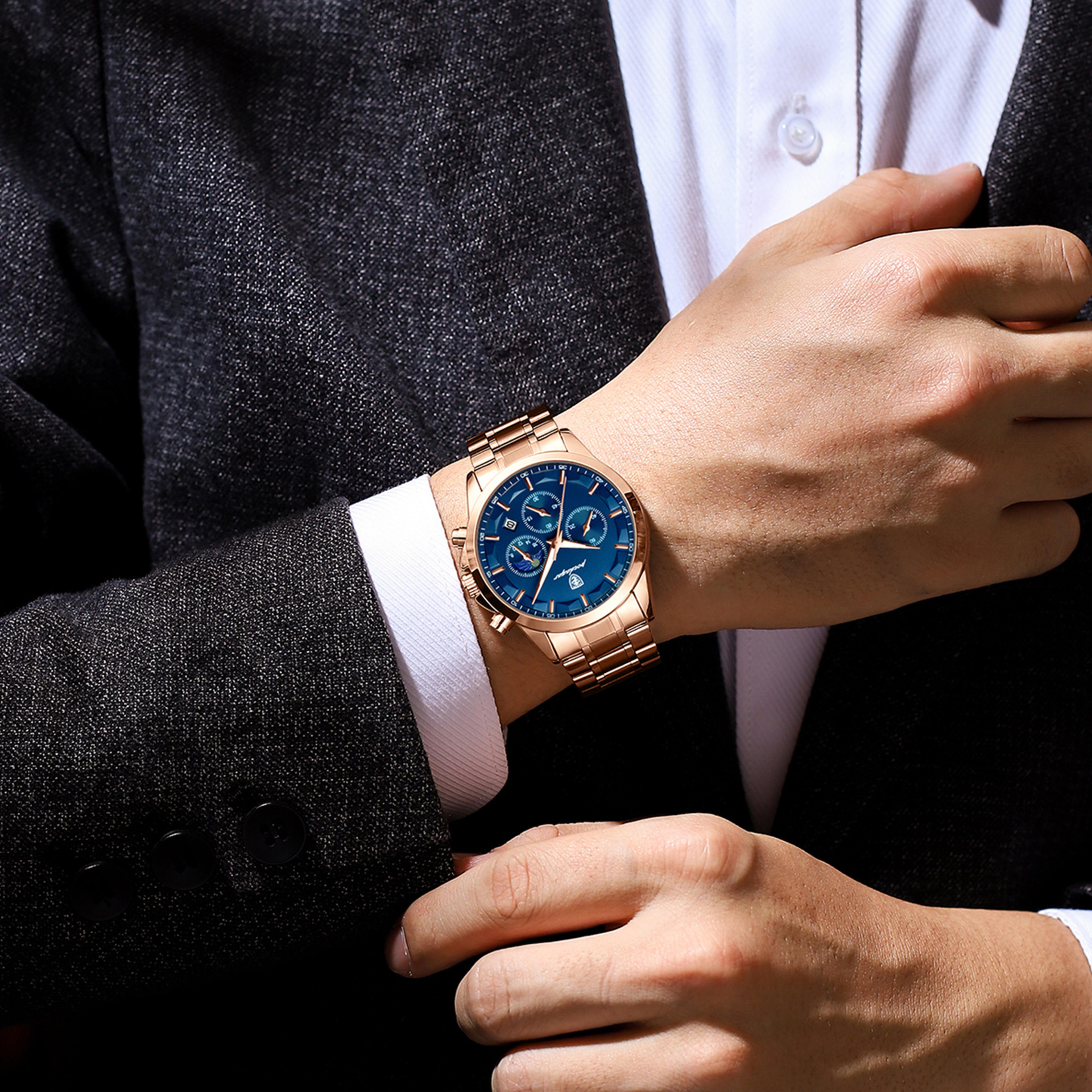 luxury men's chronograph watch stainless steel waterproof quartz wristwatch