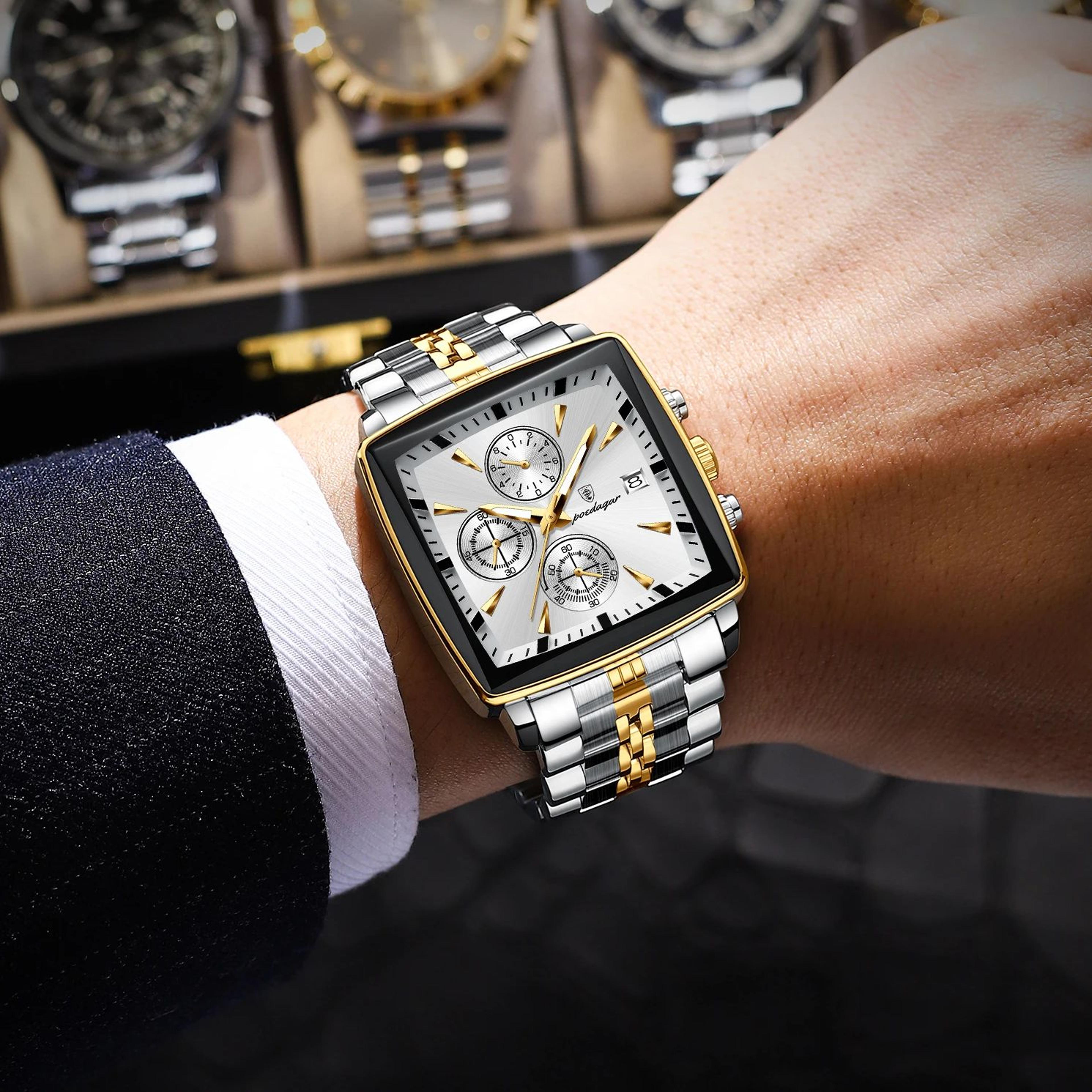square chronograph watch waterproof luminous stainless steel mens quartz watch