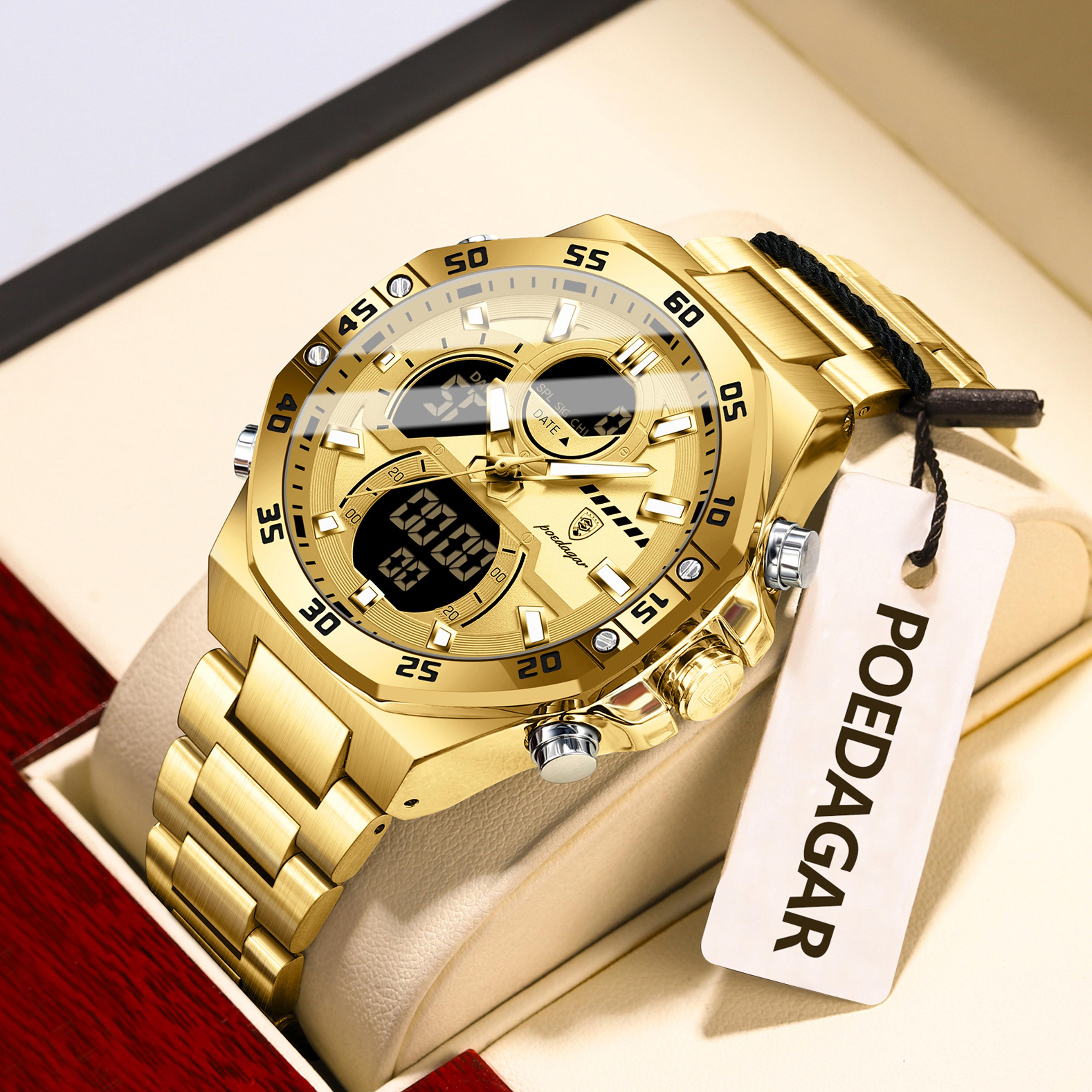 men stainless steel quartz watch waterproof week date luminous wristwatch