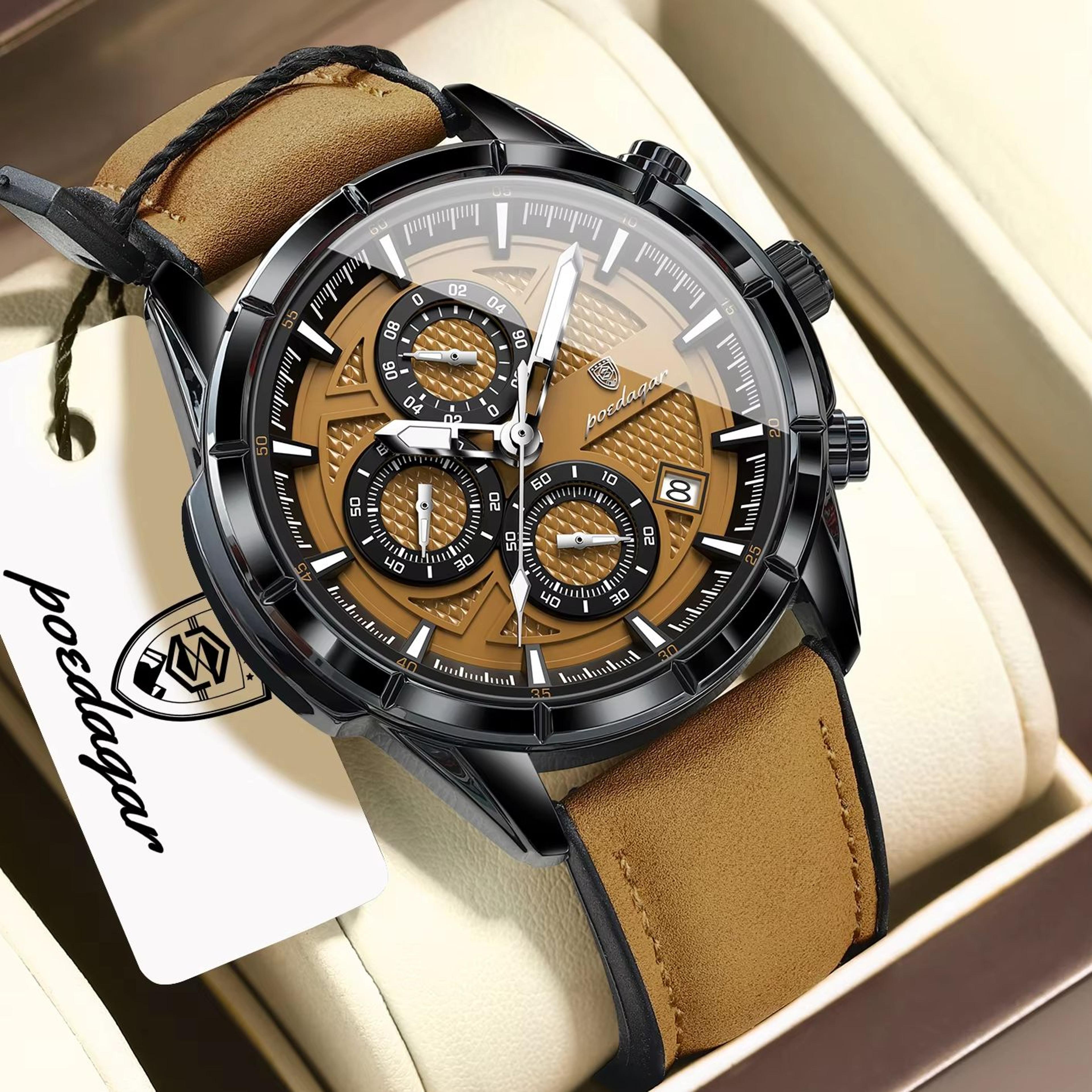 vintage mens quartz watch waterproof luminous chronograph leather wristwatch