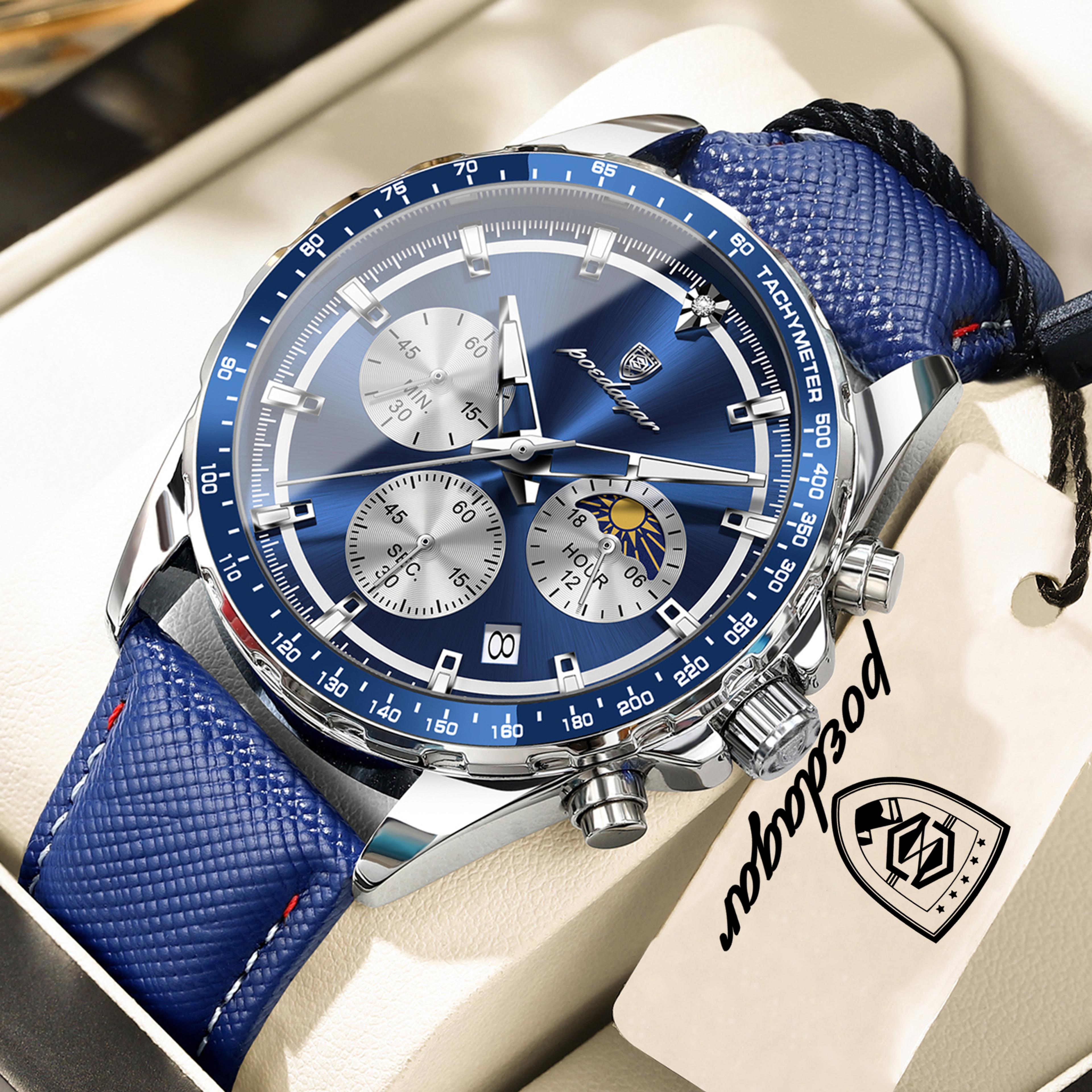 men chronograph watch waterproof luminous leather & quartz wristwatch
