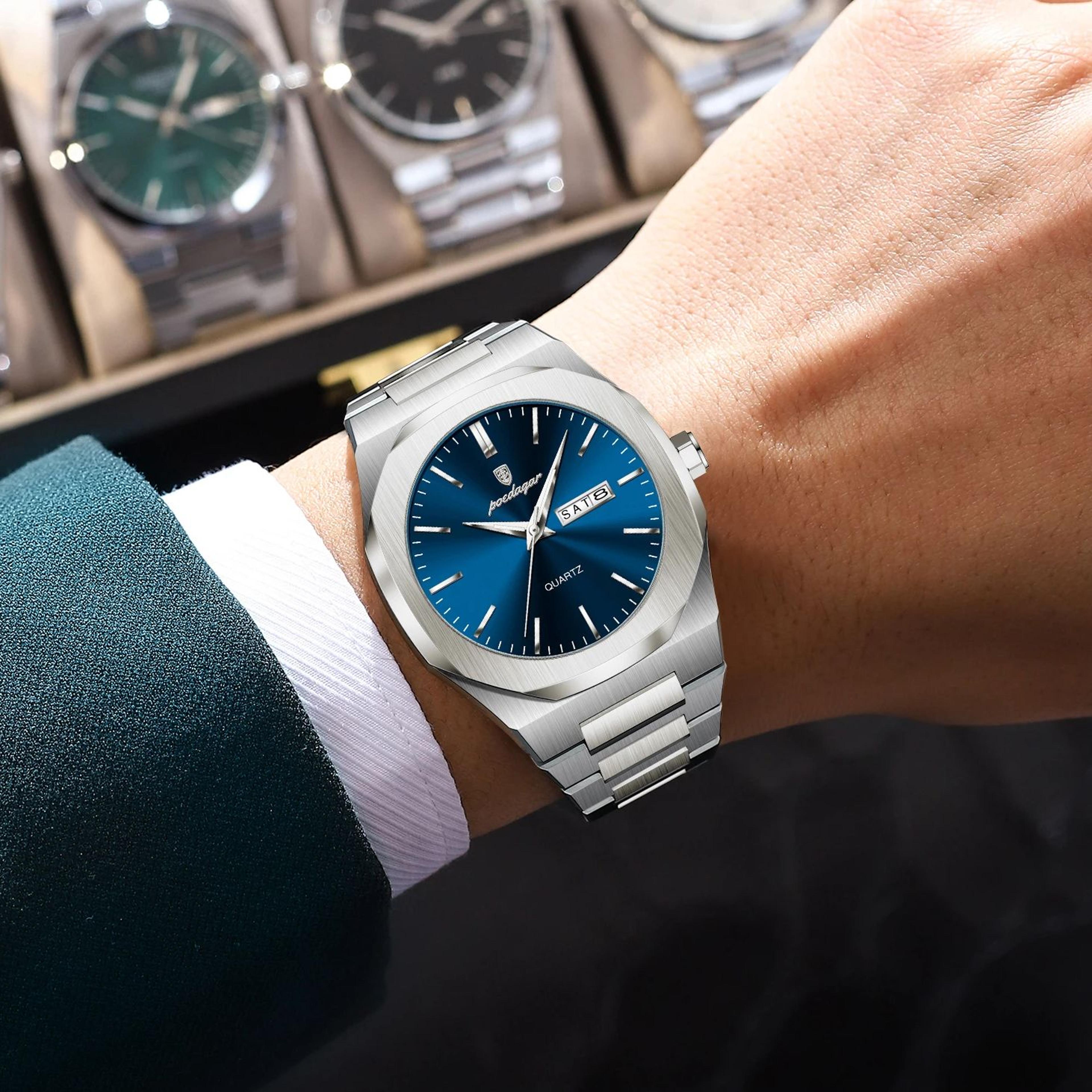 men waterproof quartz watch with luminous display and stainless steel band