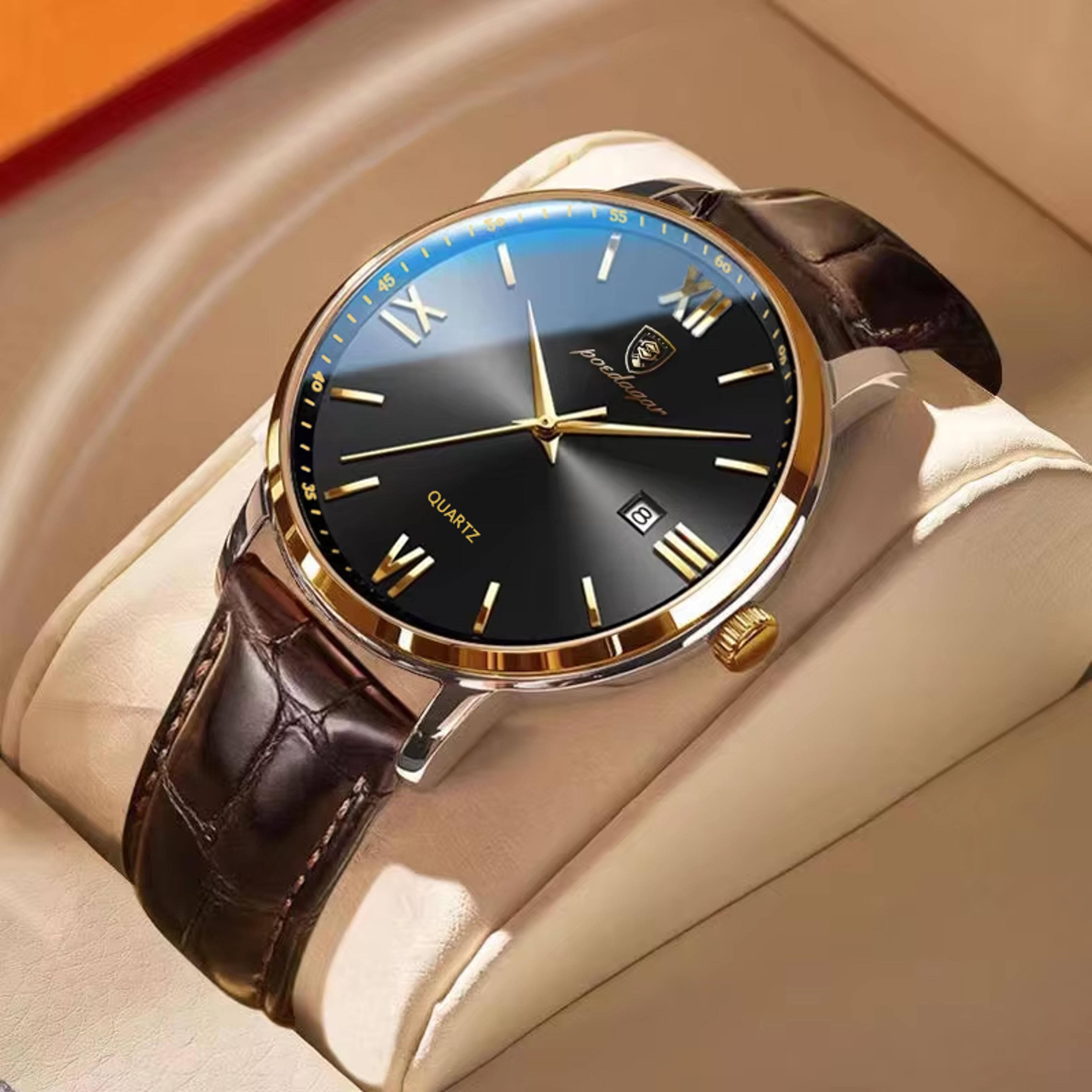 luxury mens quartz watch waterproof luminous date leather wristwatch