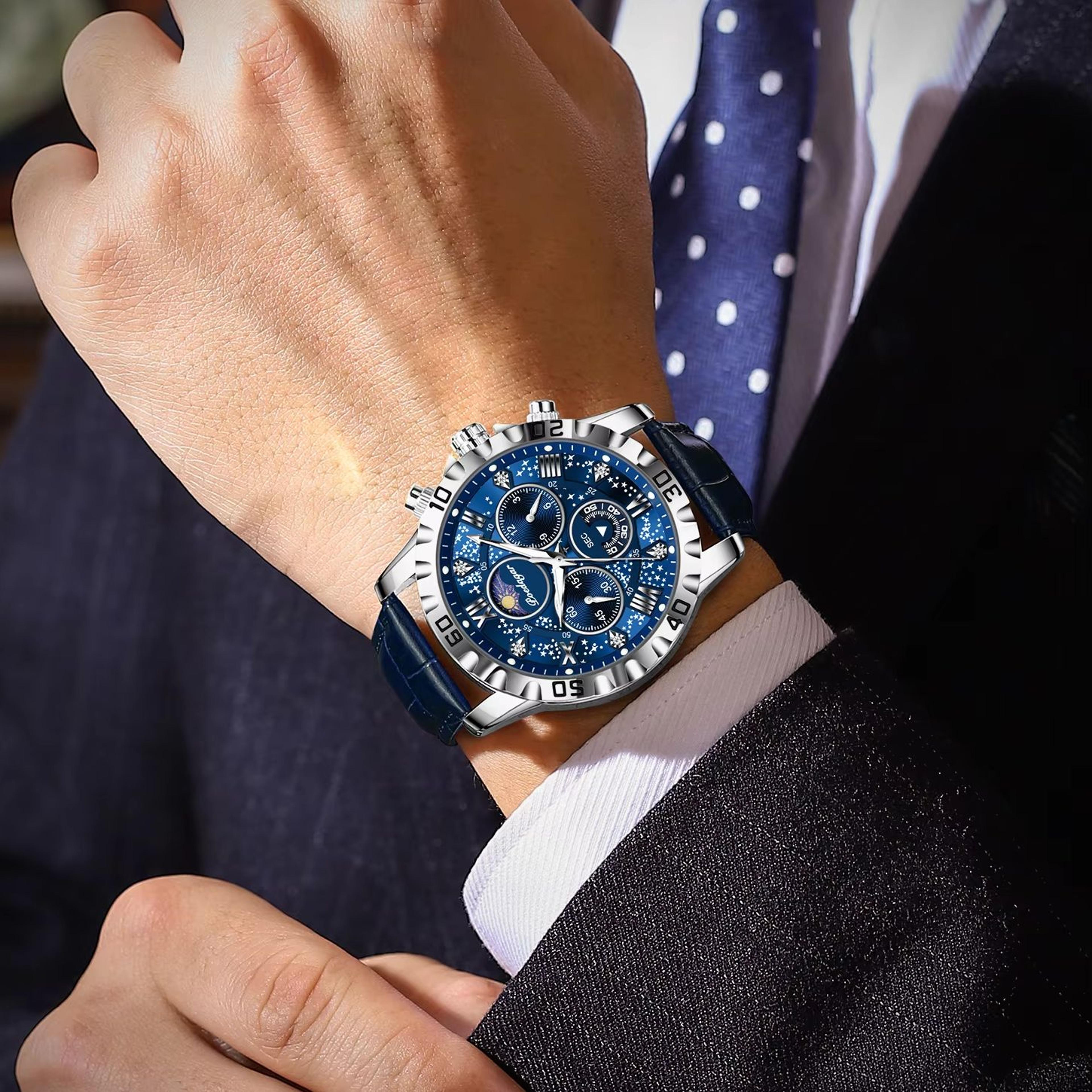 waterproof chronograph watch for men with luminous dial and leather strap