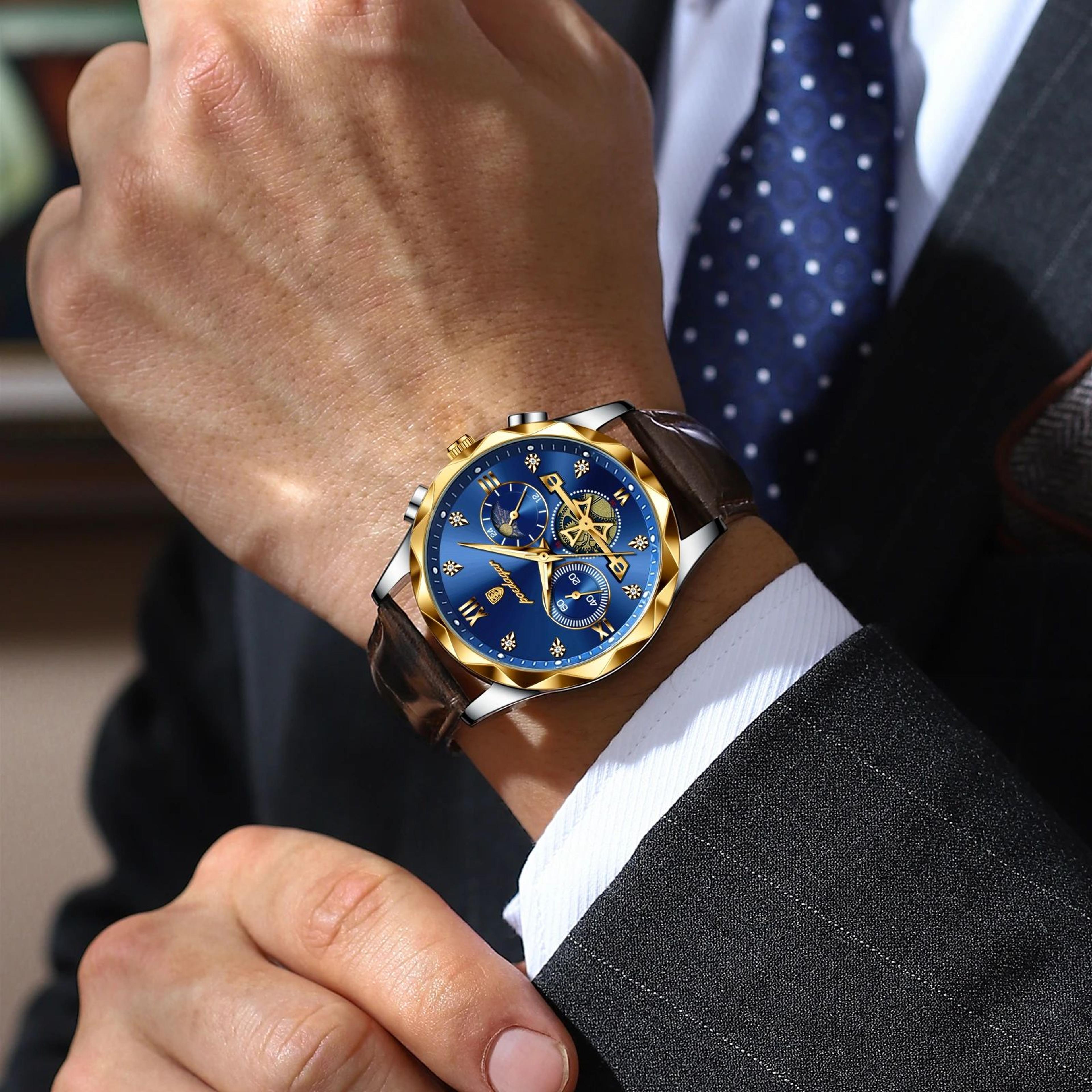 luxury chronograph watch for men waterproof luminous quartz leather wristwatch