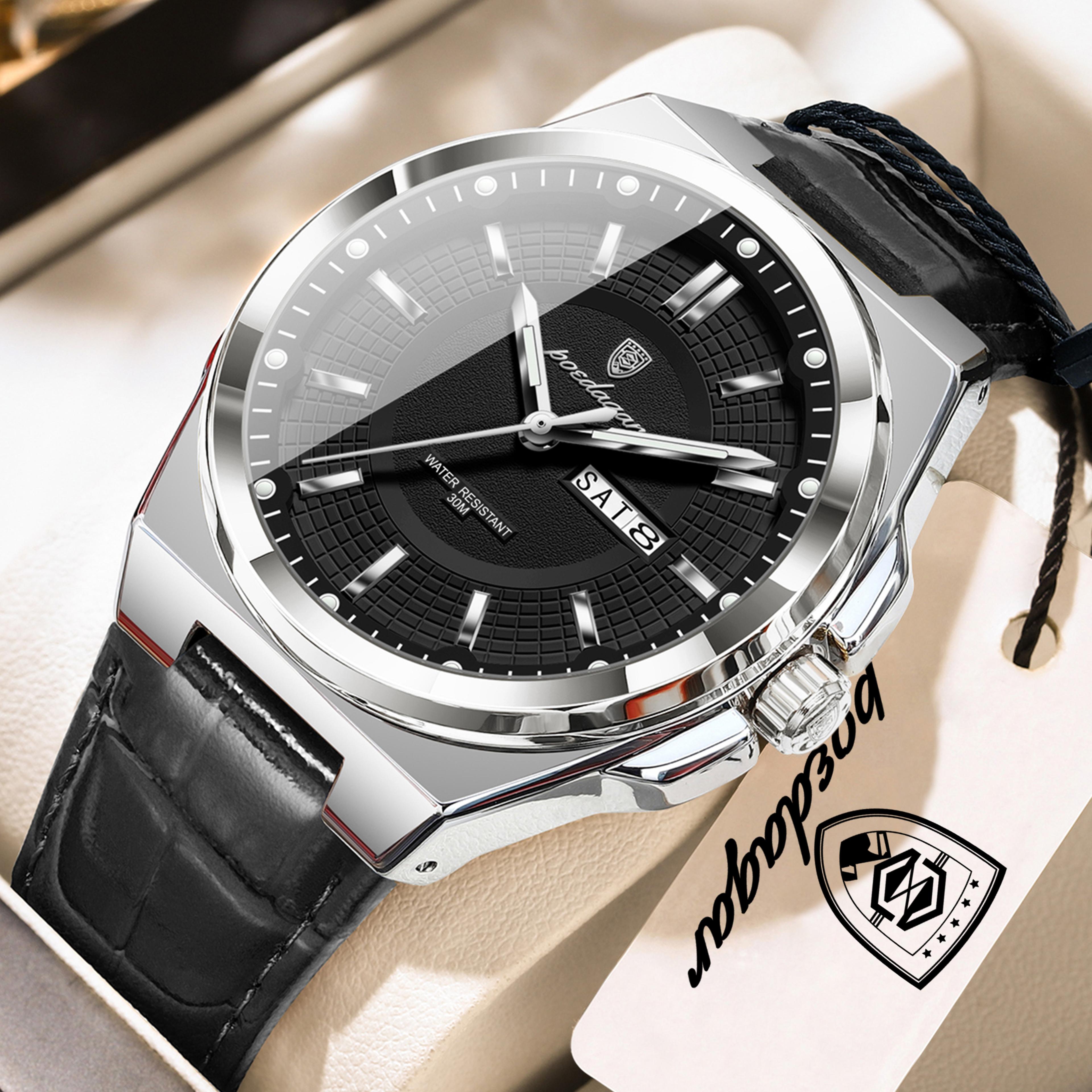 mens waterproof quartz watch with luminous display date week and leather strap
