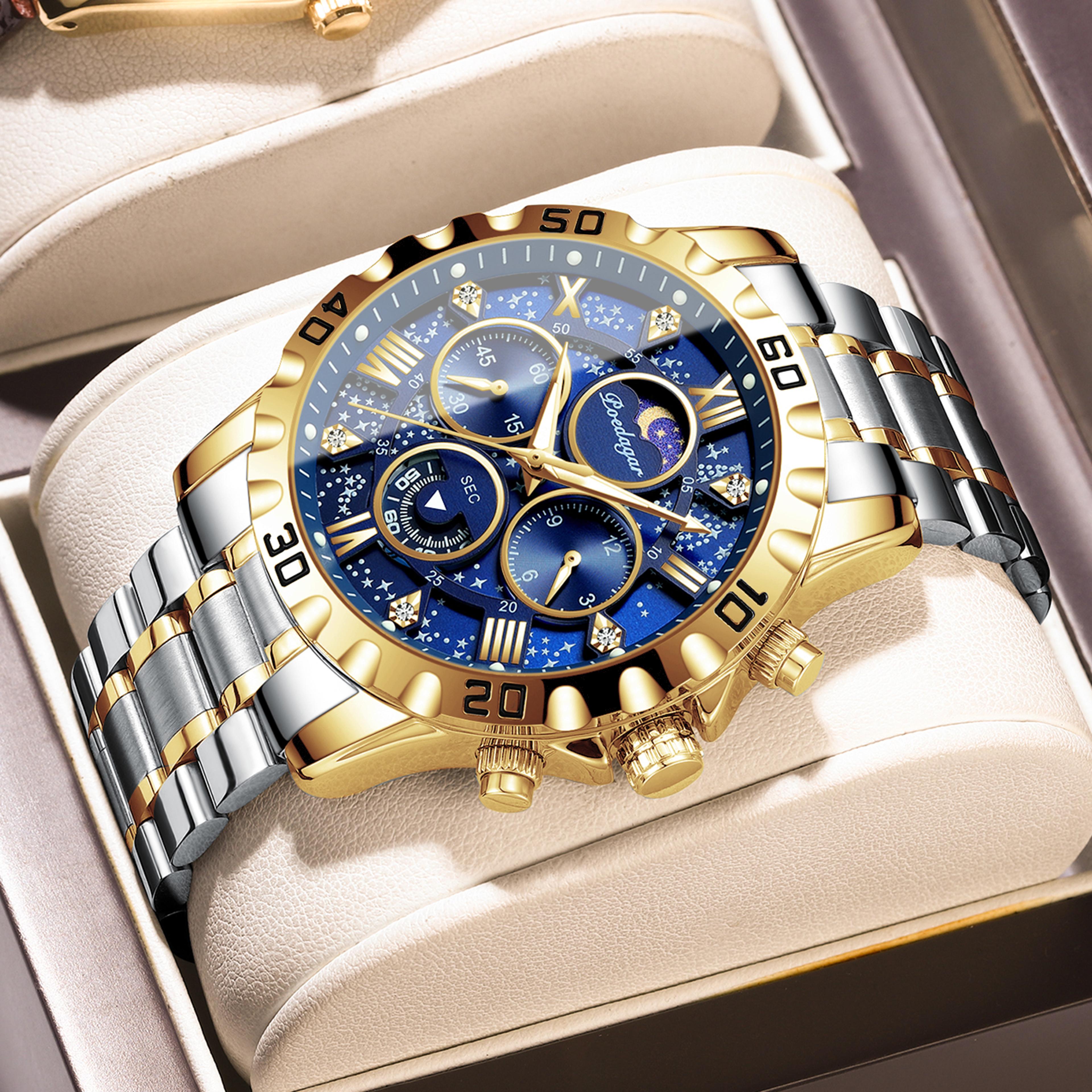 luxury chronograph watch for men waterproof & luminous stainless steel quartz wristwatch