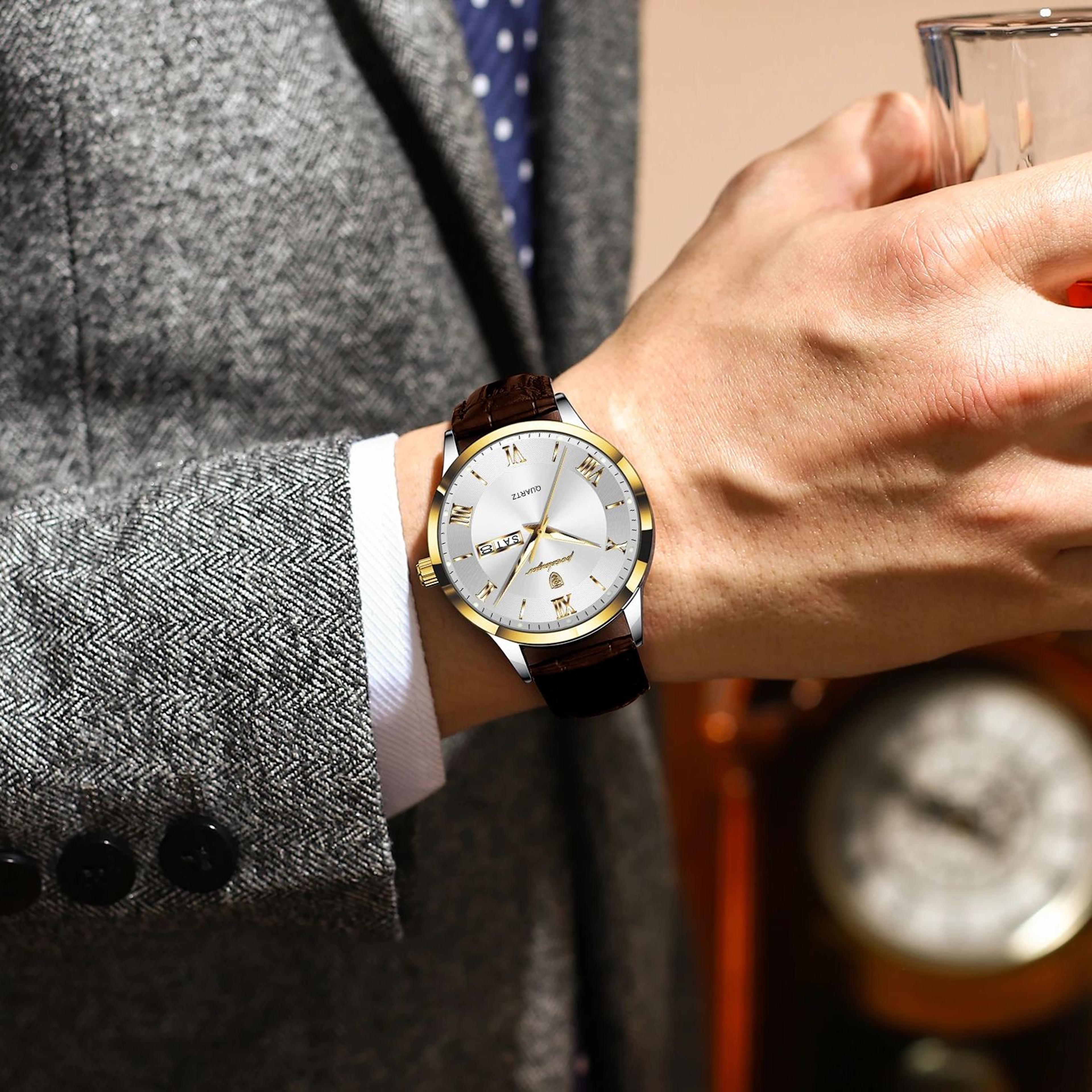 luxury mens quartz watch waterproof luminous leather & business wristwatch