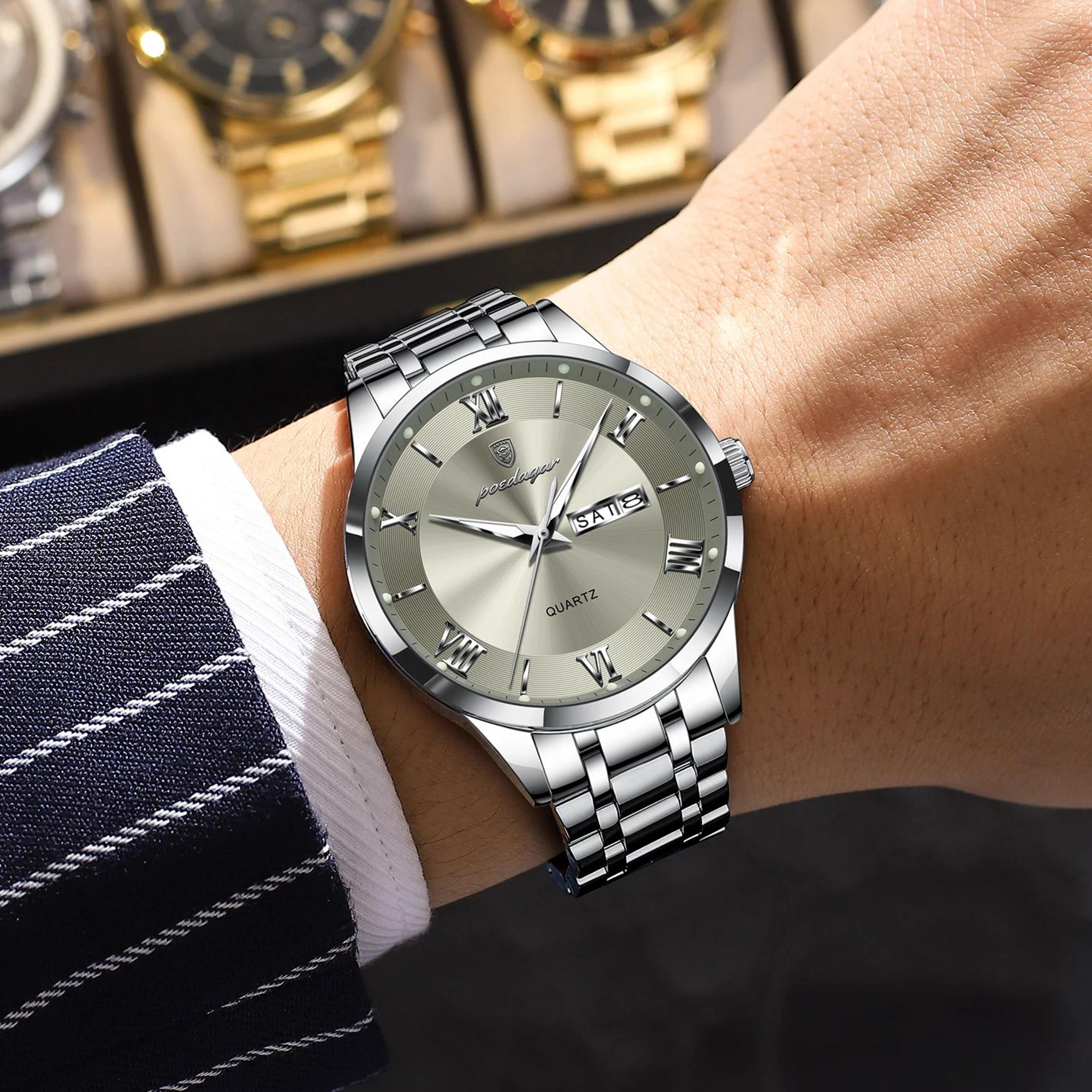 waterproof mens quartz watch with luminous display week date and stainless steel band