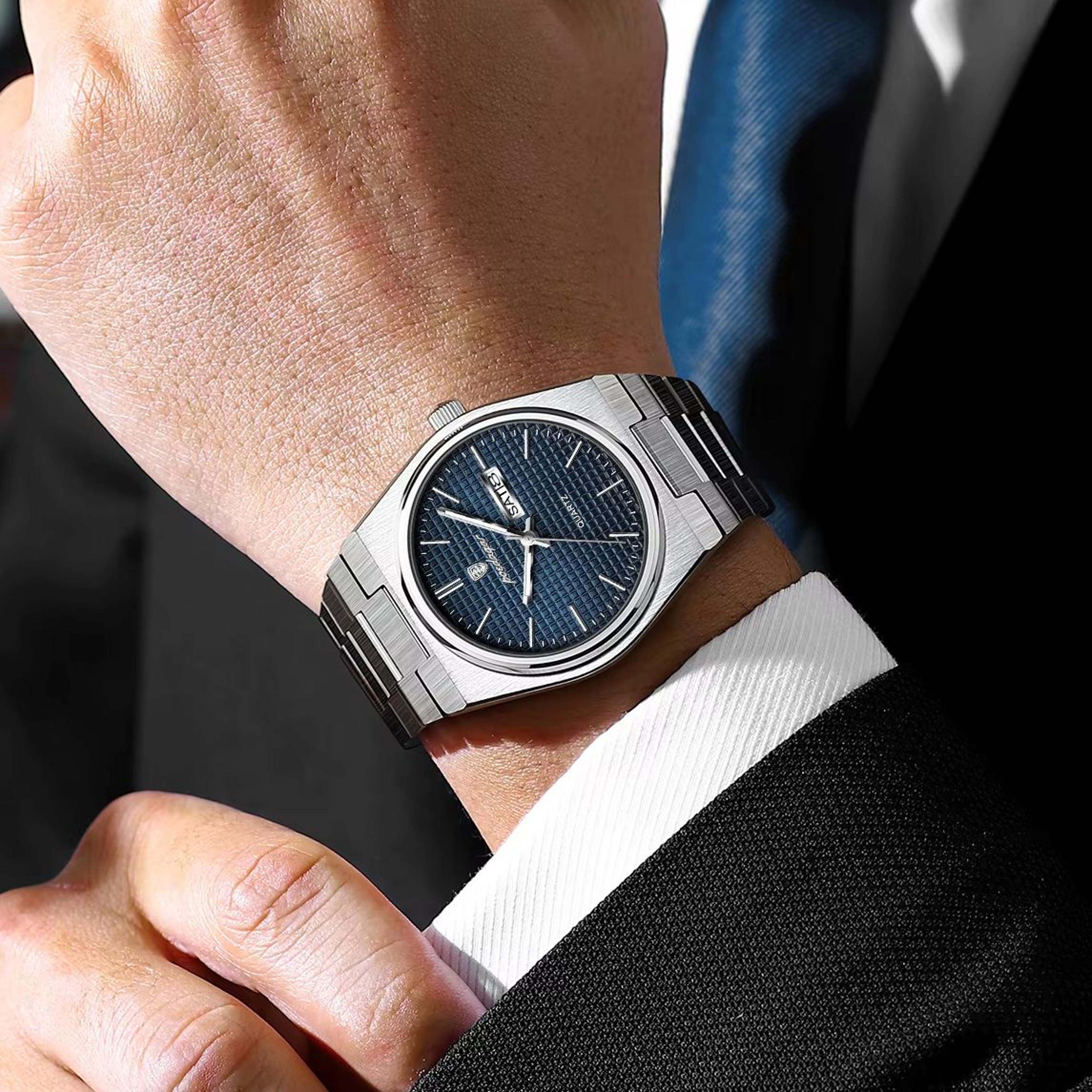 luxury mens quartz watch waterproof & luminous stainless steel date week wristwatch