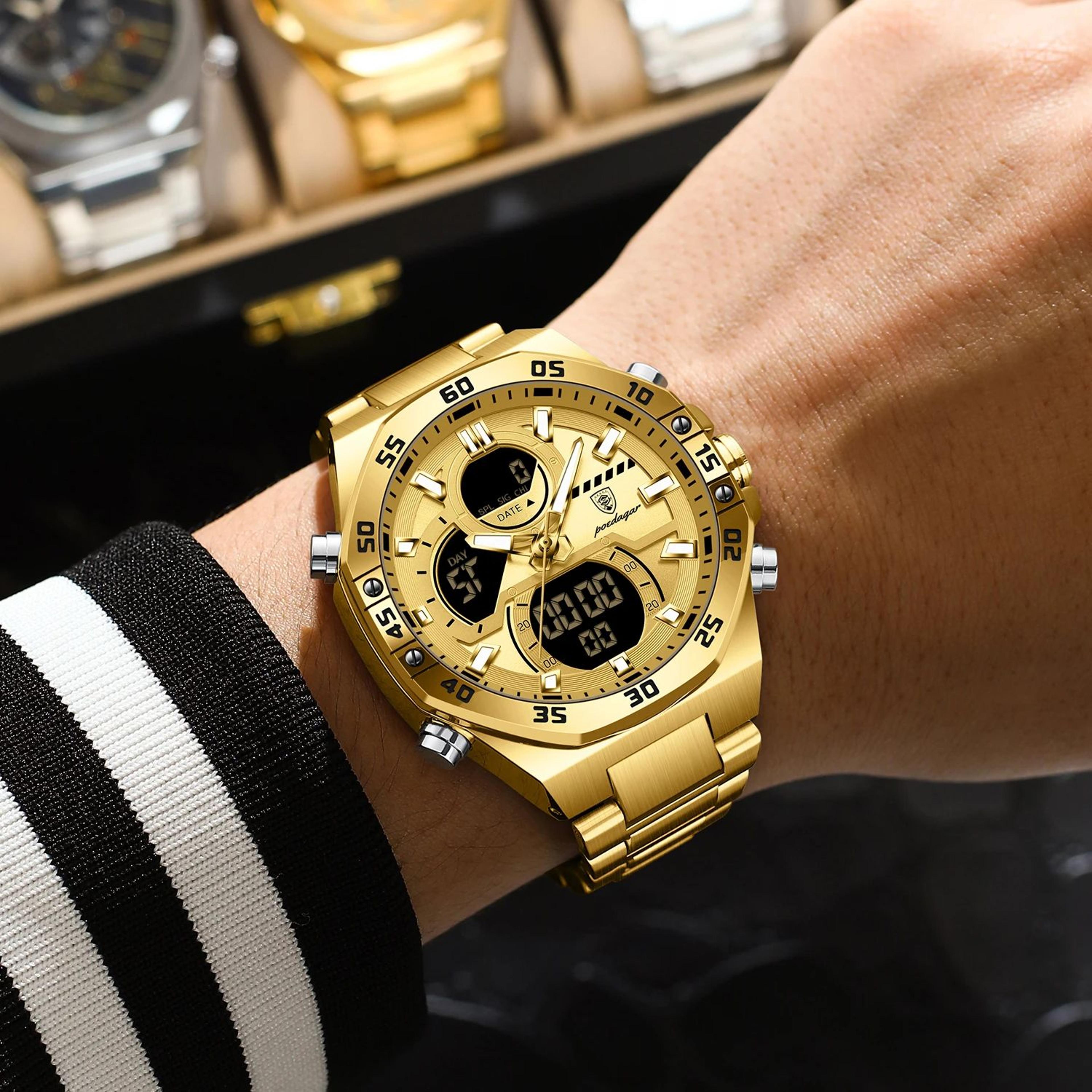 sports quartz men watch waterproof luminous stainless steel week date wristwatch