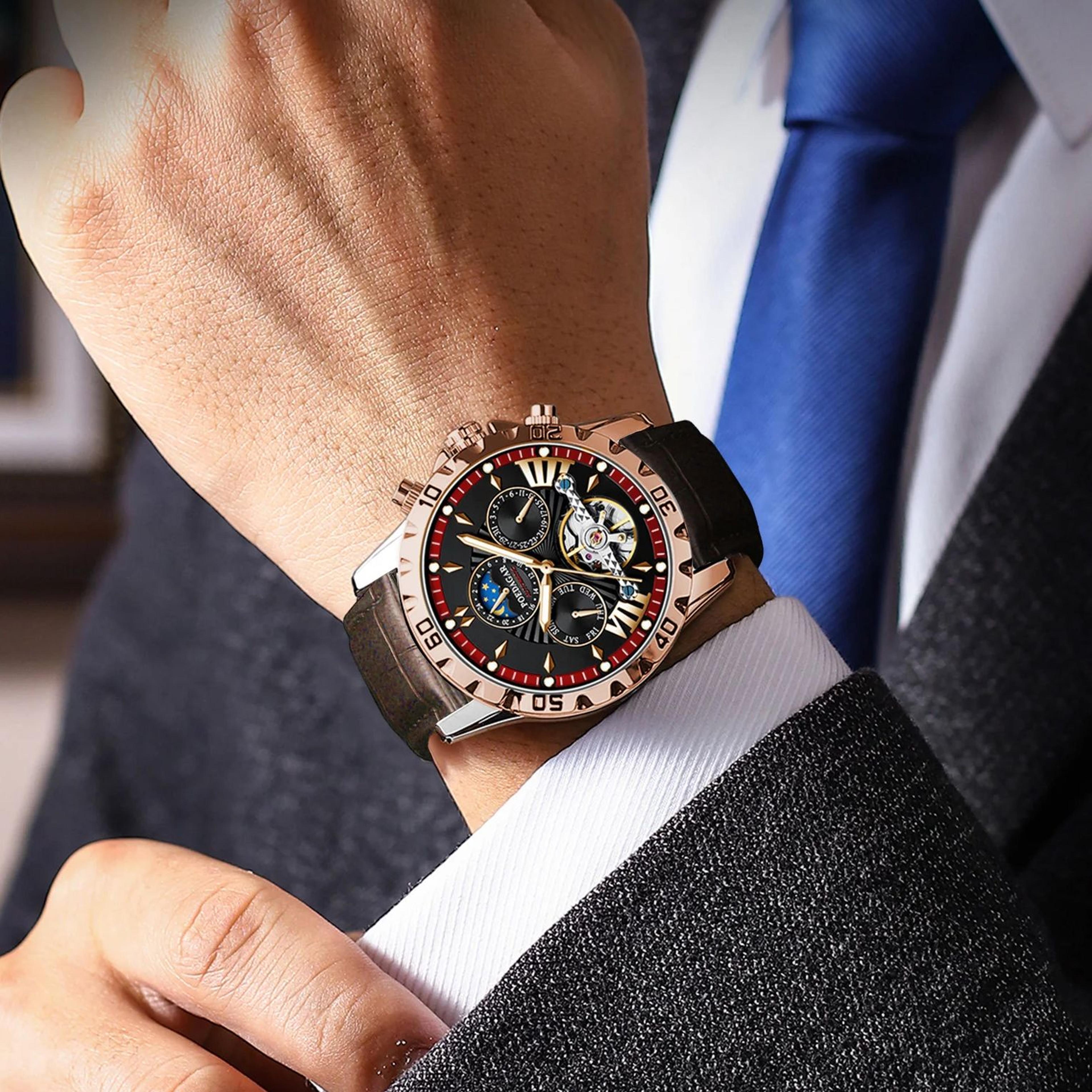 luxury automatic mechanical watch waterproof luminous tourbillon leather watch for men