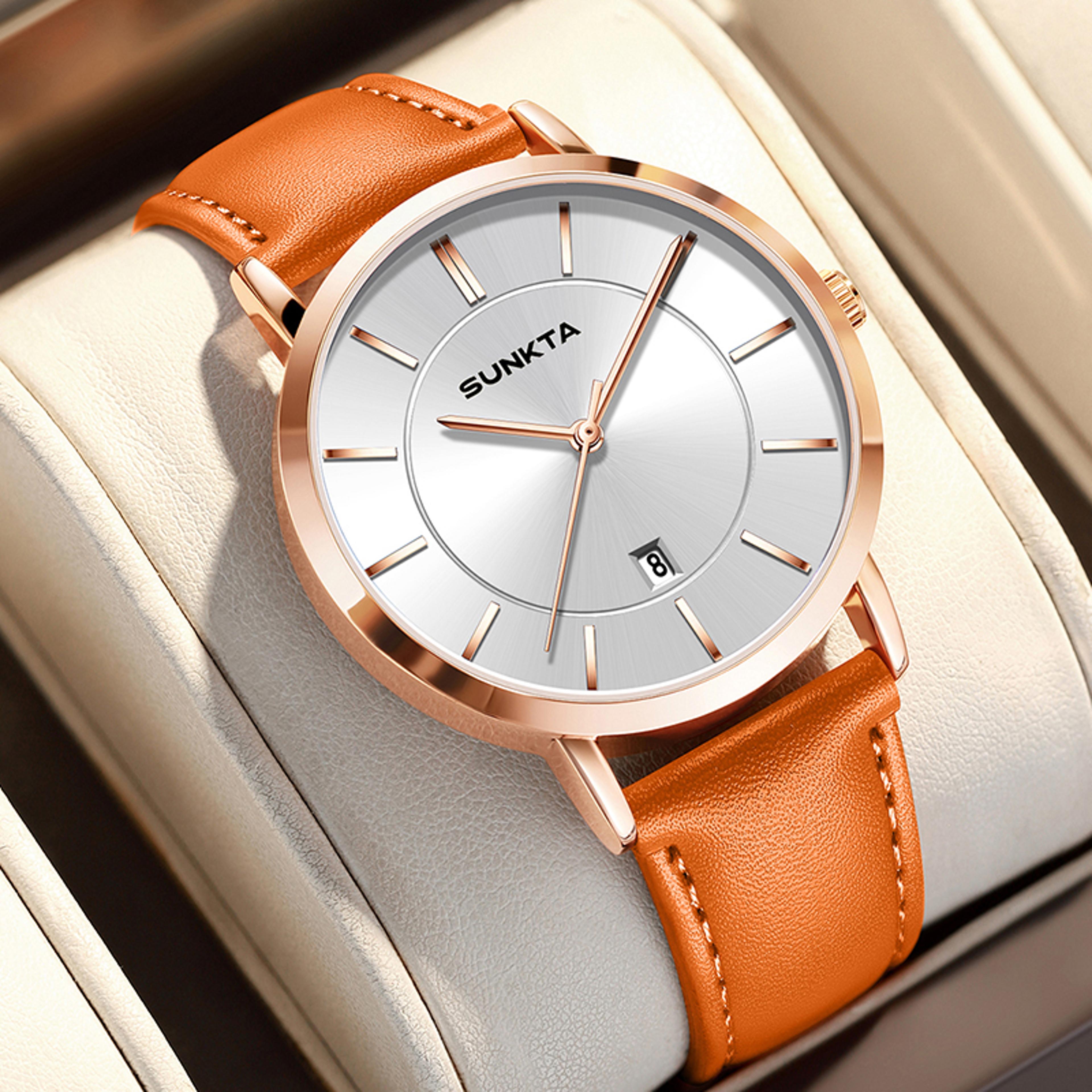 waterproof men quartz watch with orange leather strap for casual sports style
