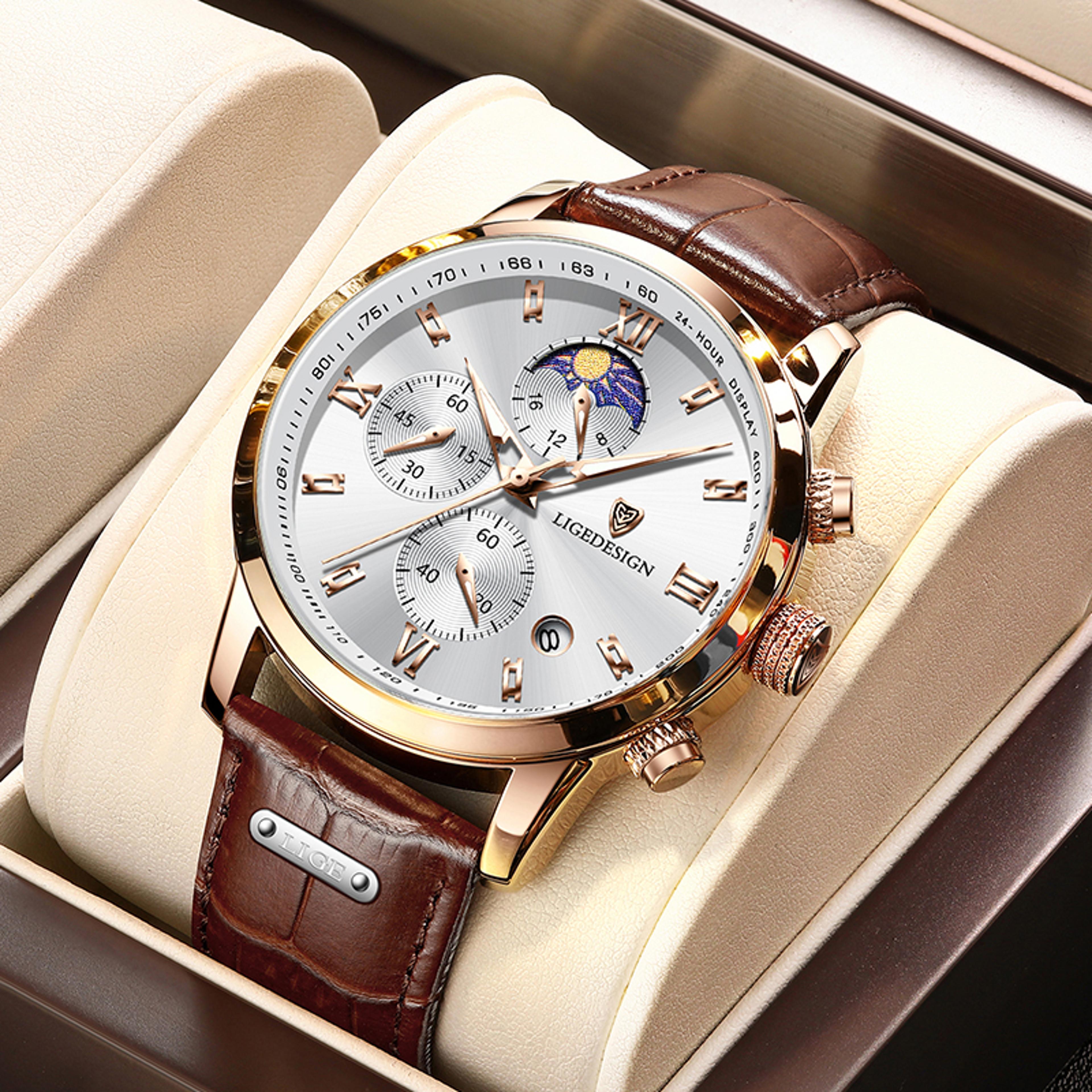 mens leather chronograph watch waterproof quartz military wristwatch