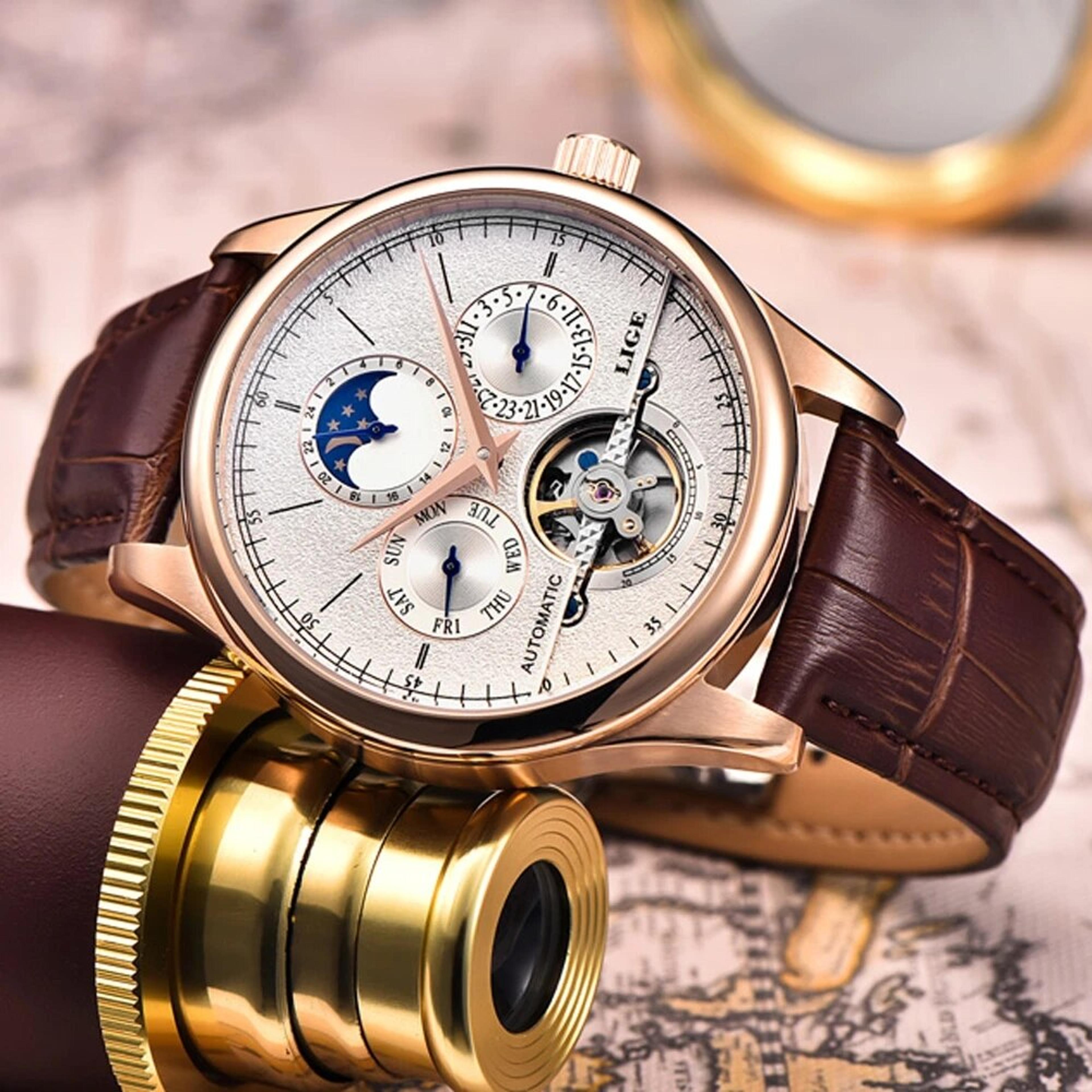 automatic mechanical watch for men with tourbillon display and genuine leather strap