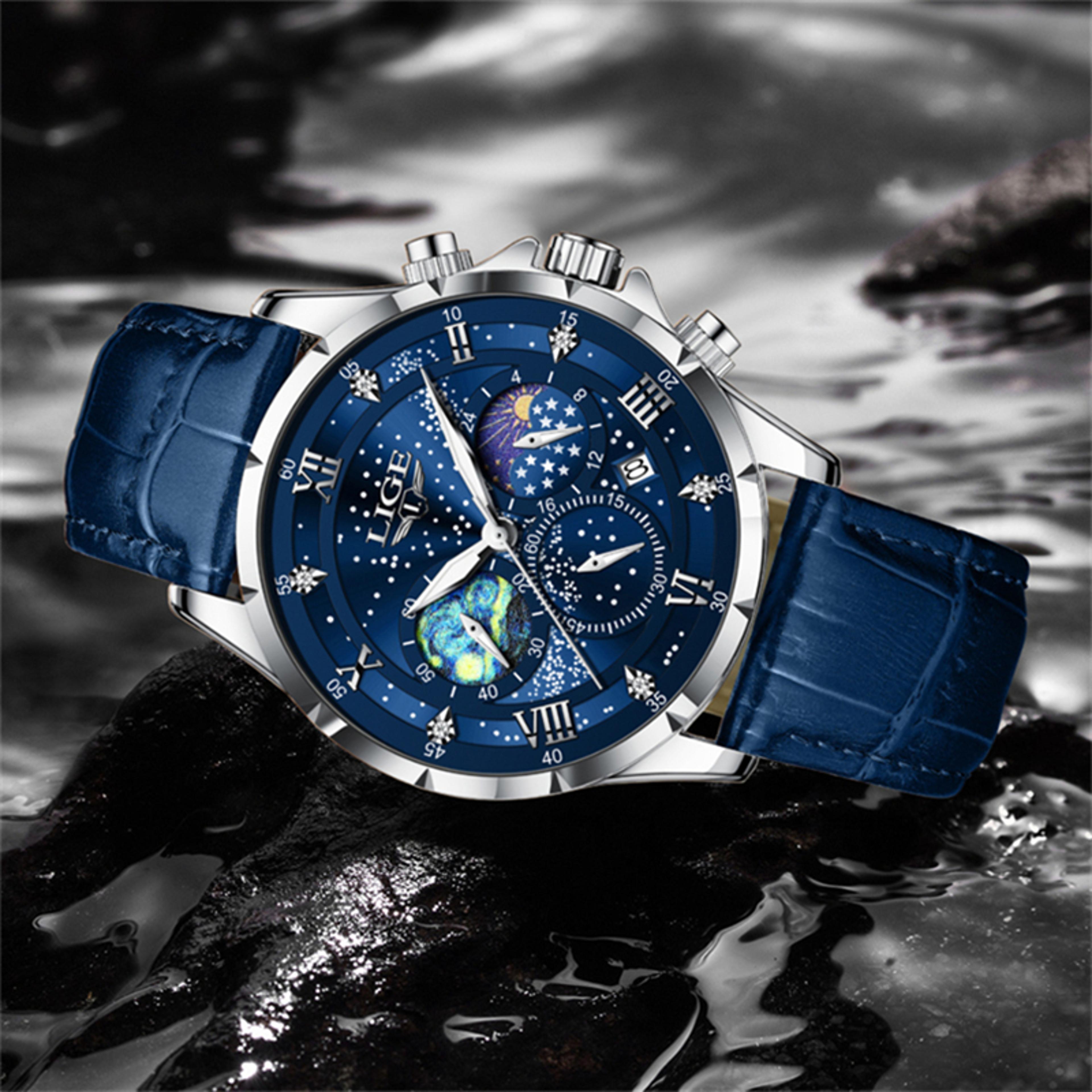 classic blue leather chronograph watch for men waterproof quartz business wristwatch